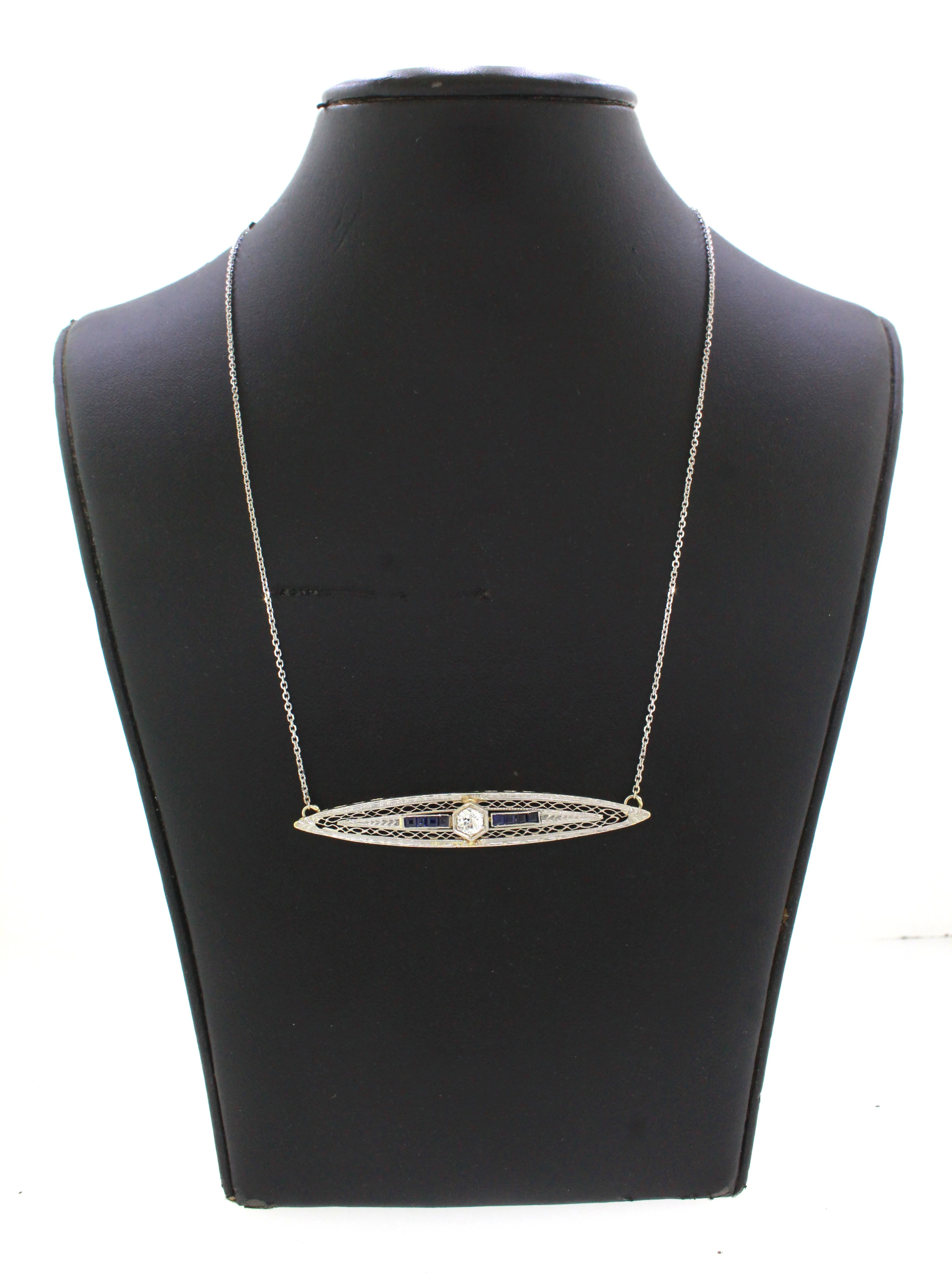 1920s Antique Art Deco 14k Gold 0.25ct Diamond & Sapphire Bar Necklace - 20" - Image 5