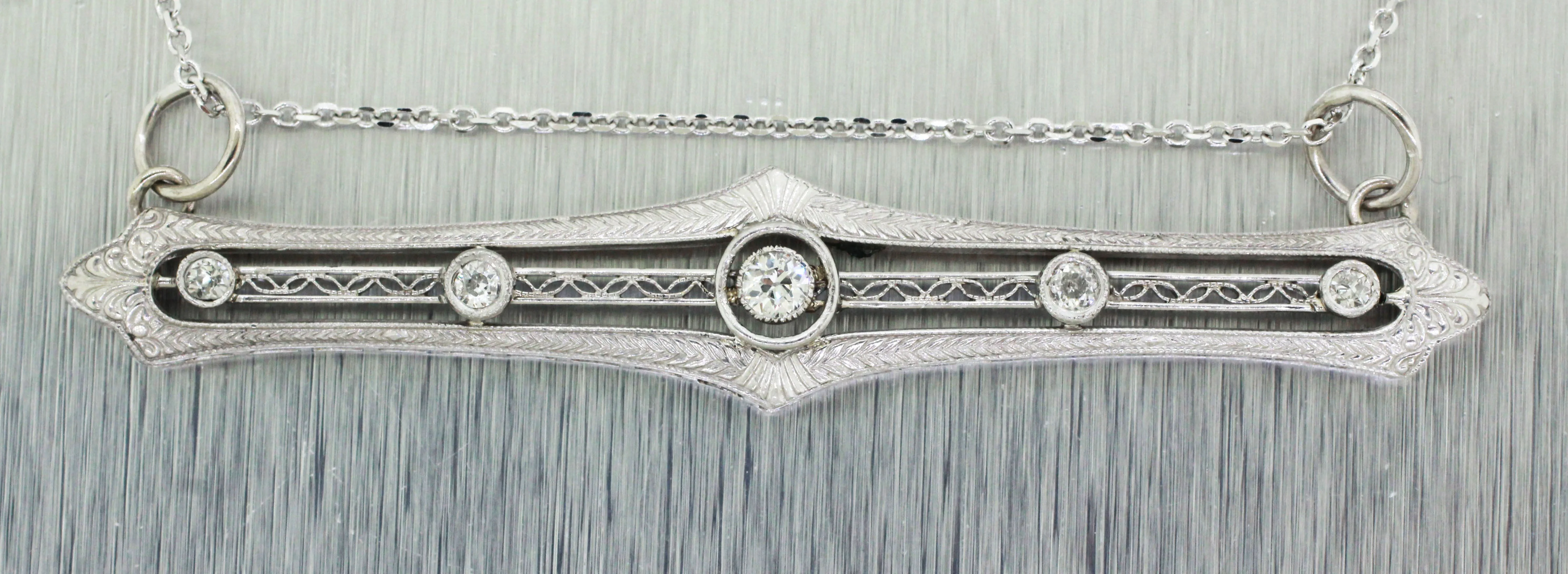 Antique Art Deco 0.45ctw Diamond Filigree Bar Pendant - 14k White Gold Necklace - Image 5