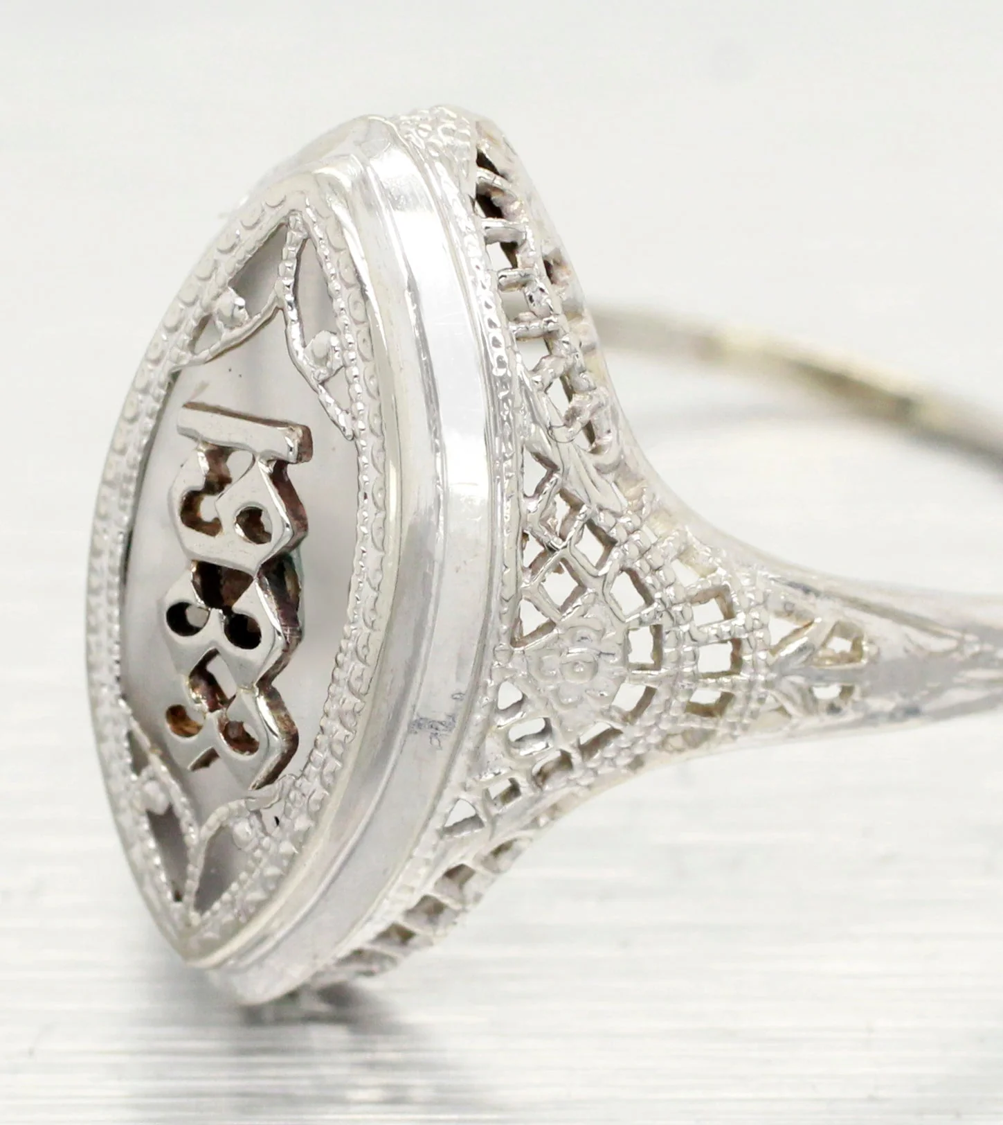 1938 Antique Art Deco Resin Marquise Cocktail Ring - 14k White Gold - Size 8 - Image 2