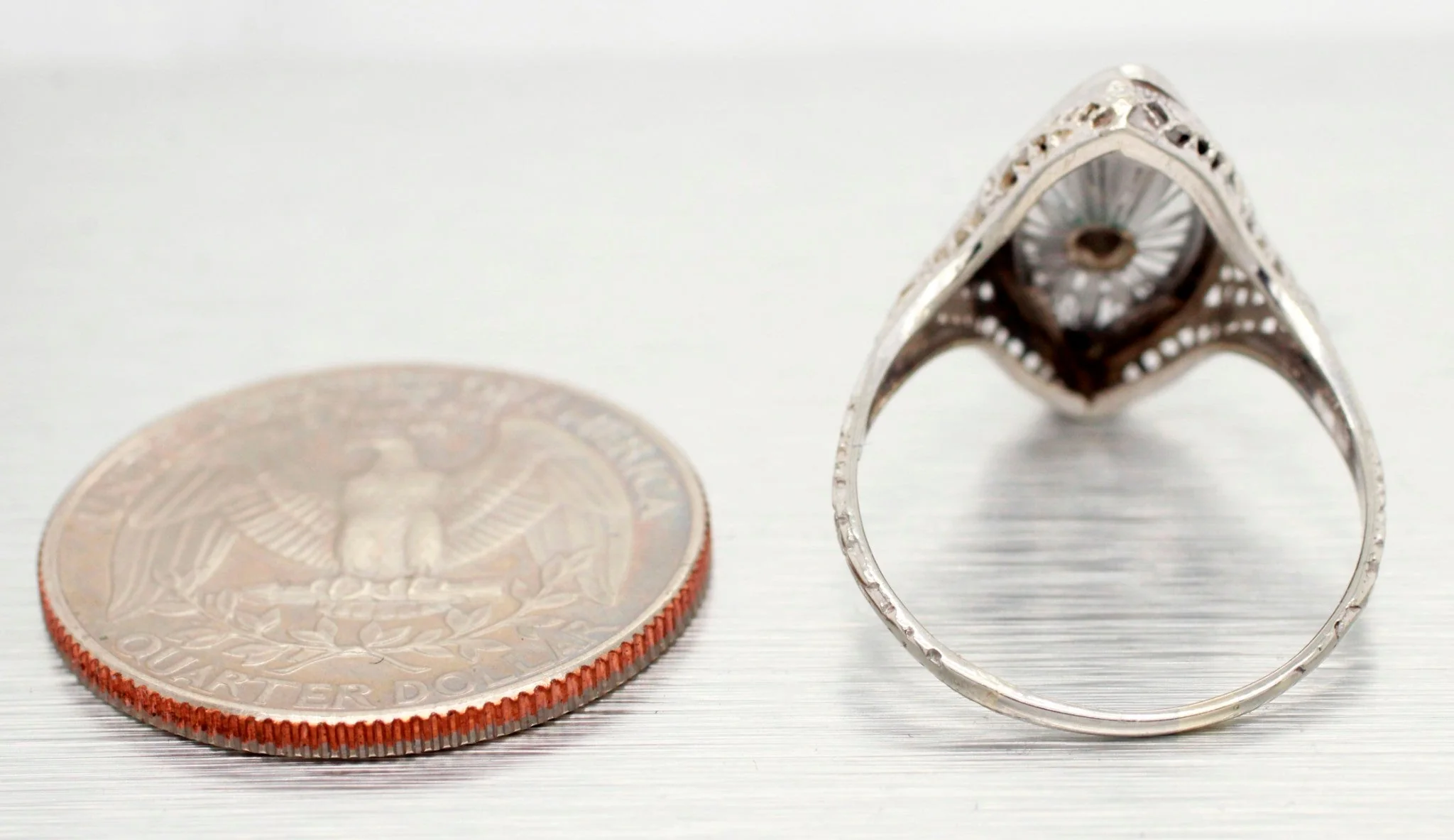 1938 Antique Art Deco Resin Marquise Cocktail Ring - 14k White Gold - Size 8 - Image 6