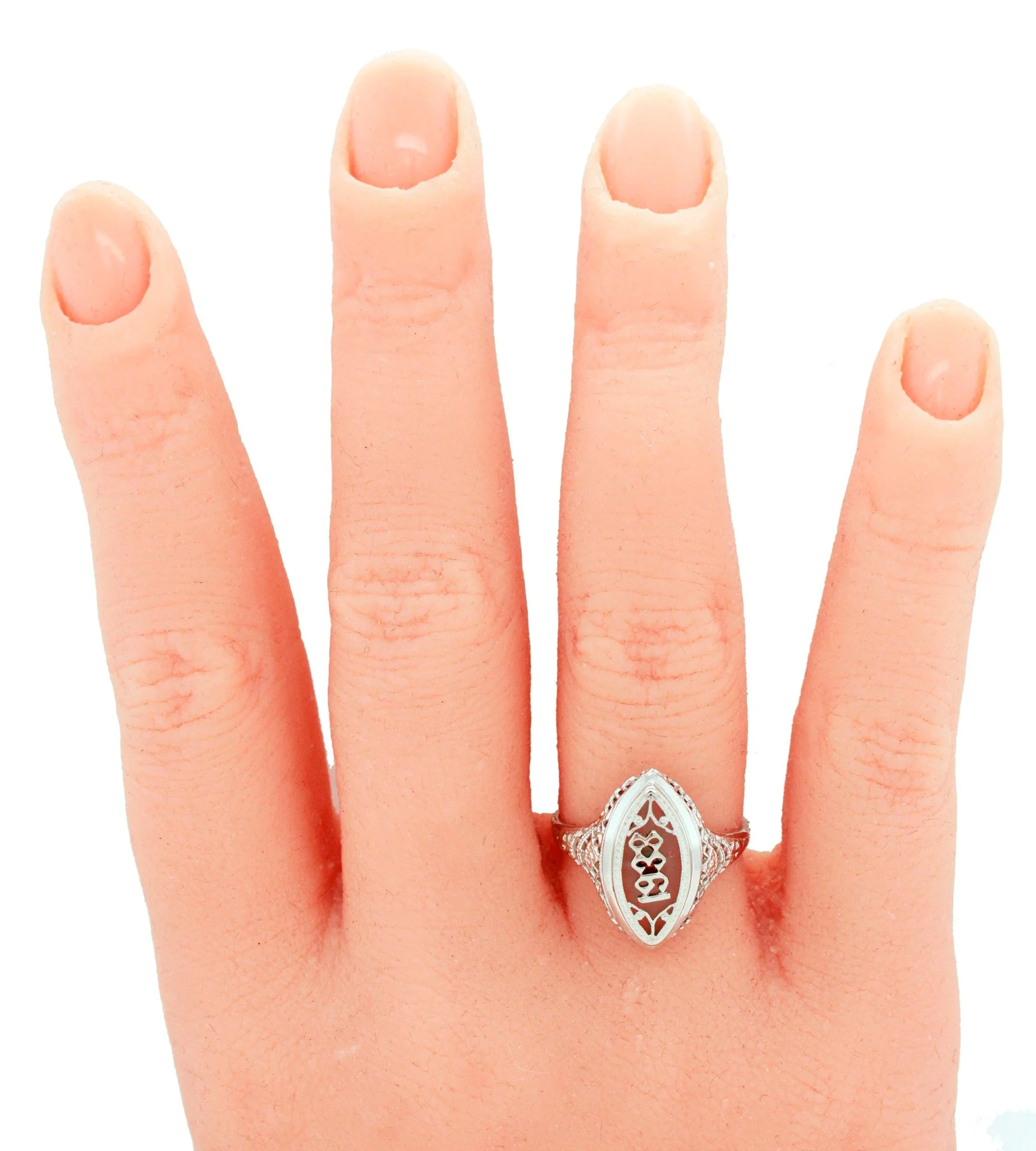 1938 Antique Art Deco Resin Marquise Cocktail Ring - 14k White Gold - Size 8 - Image 7