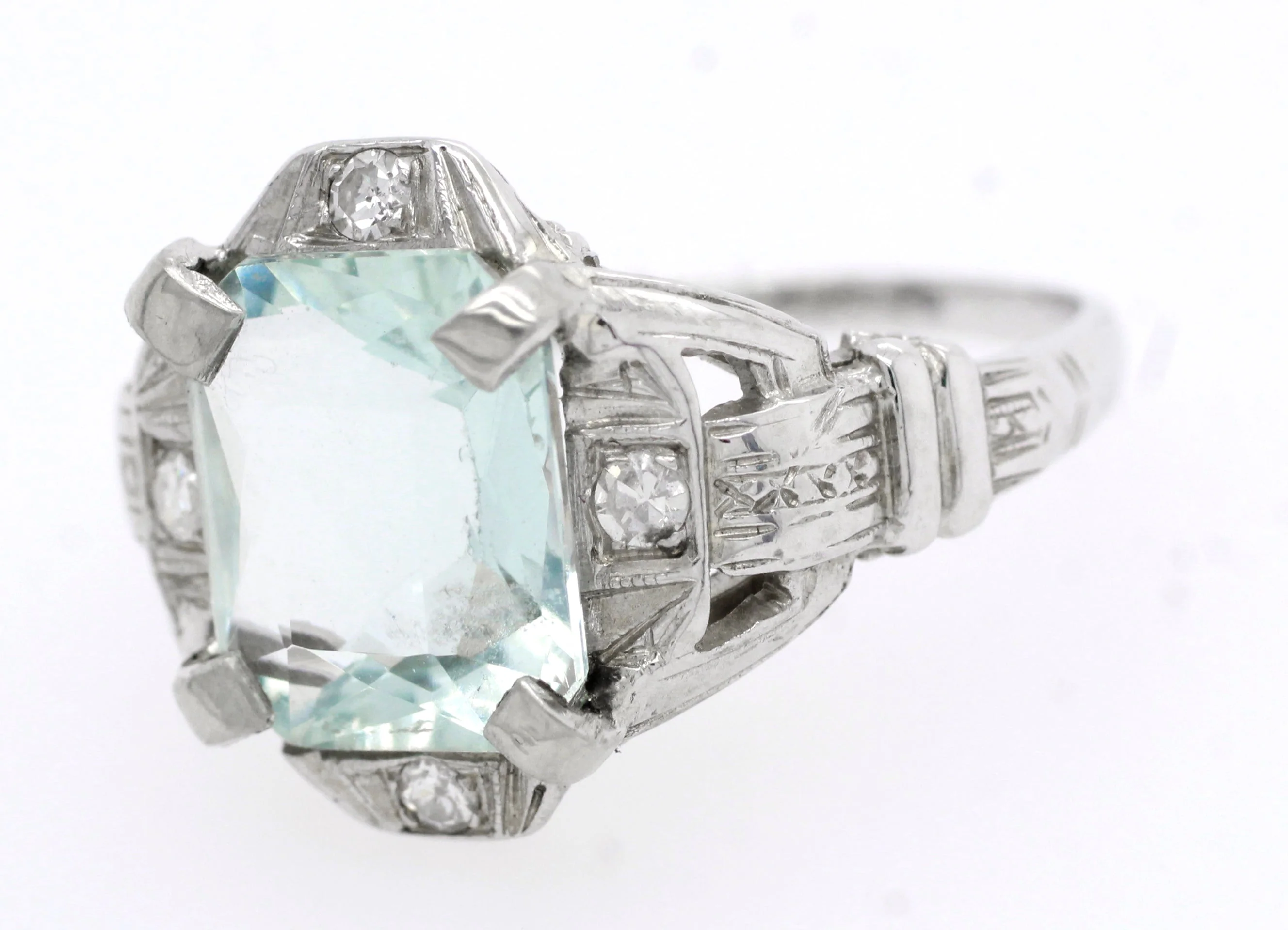 Antique Art Deco 3.00ct Aquamarine & Diamond Engagement Ring in 14k White Gold - Image 7