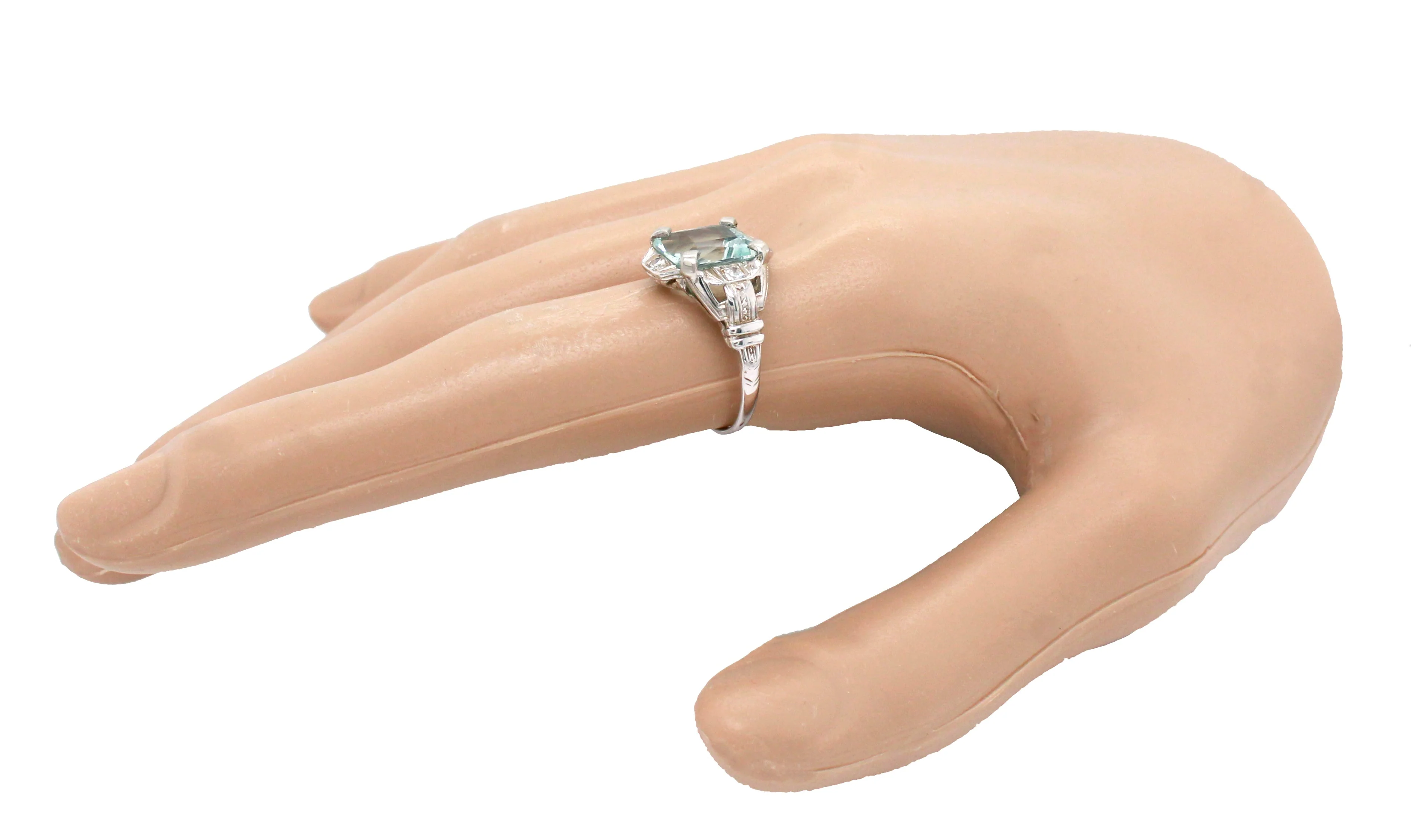 Antique Art Deco 3.00ct Aquamarine & Diamond Engagement Ring in 14k White Gold - Image 9