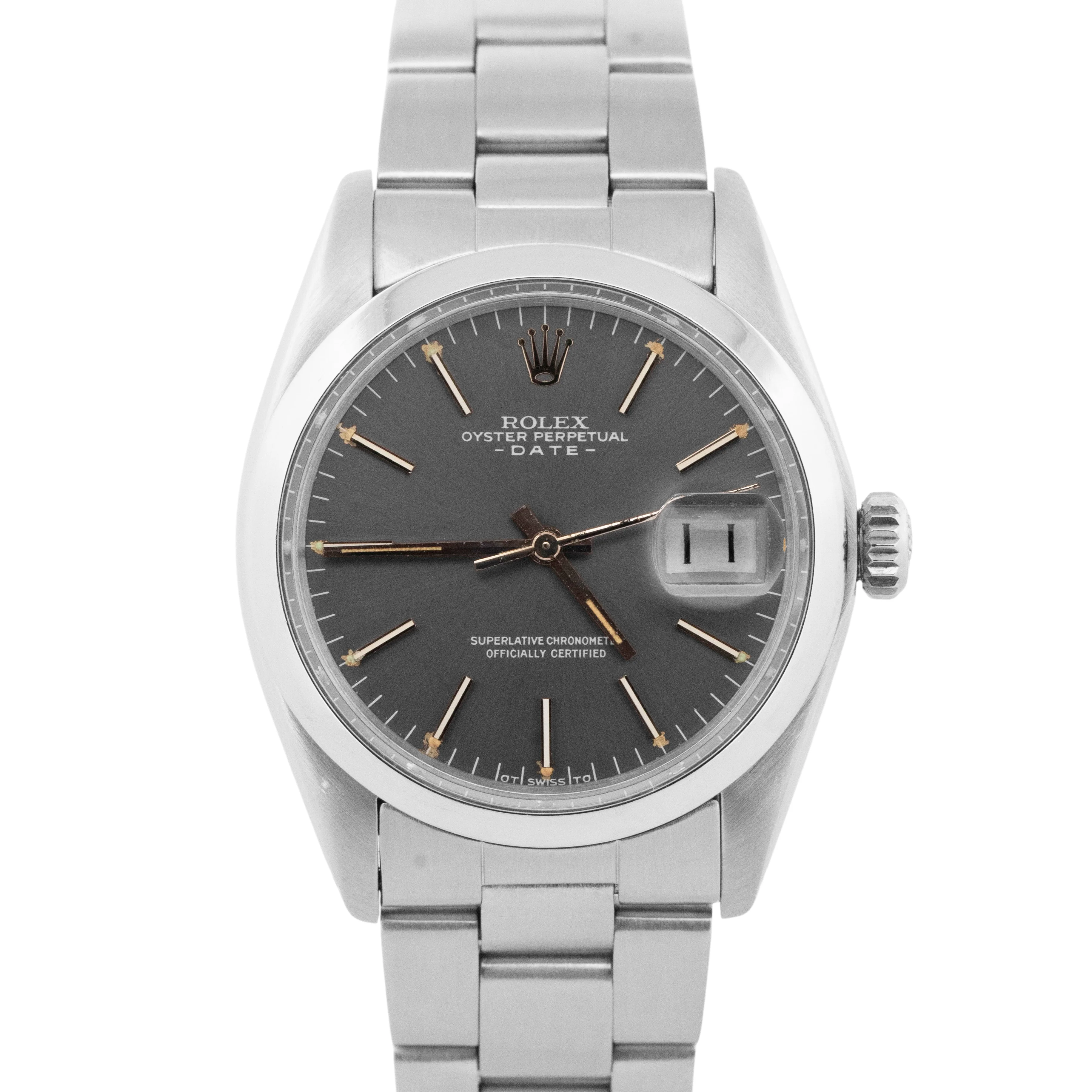 1975 Rolex Oyster Perpetual Date Slate Gray 34mm Stainless Steel Watch 1500