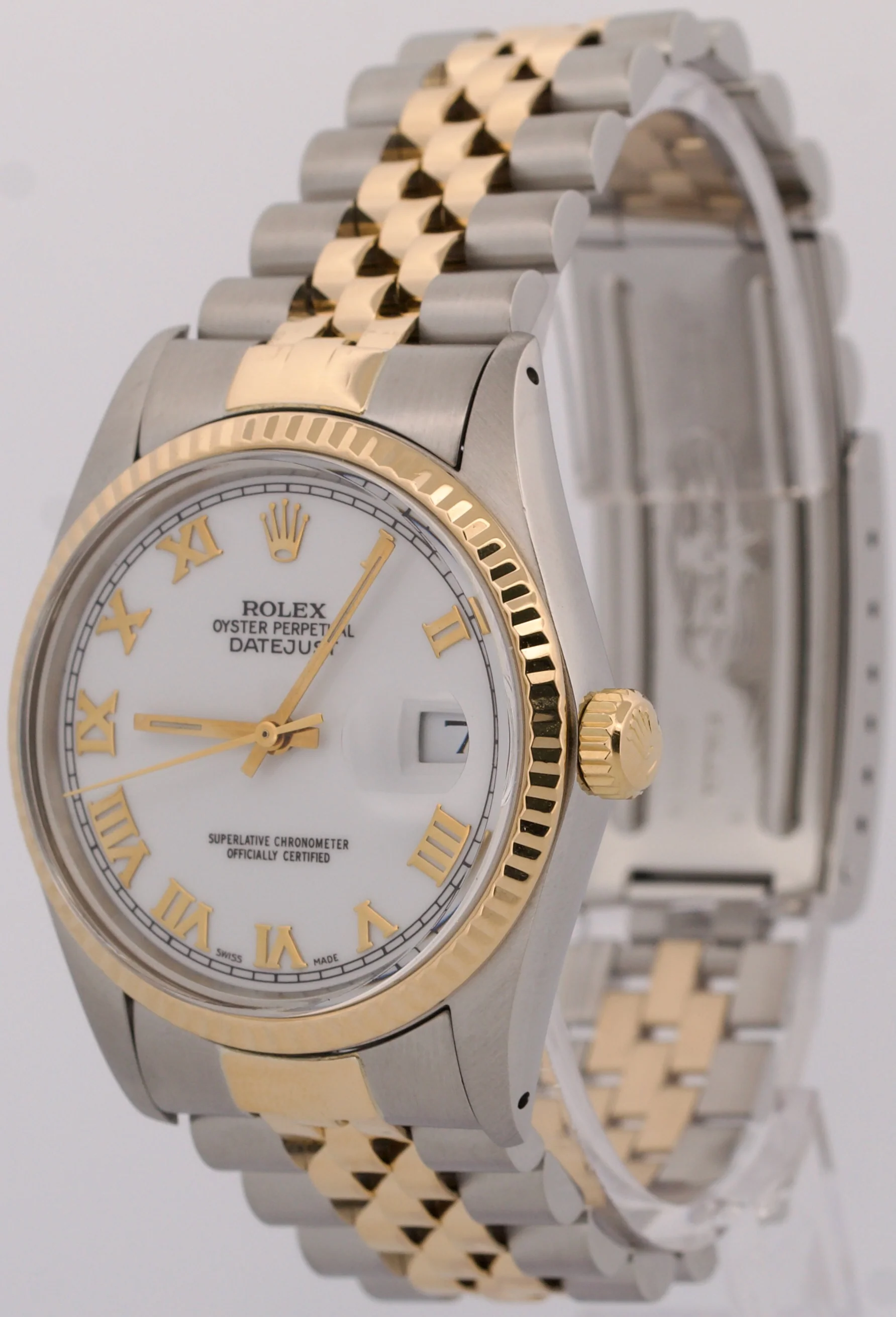 1984 Rolex DateJust 36mm WHITE ROMAN 18K Gold Steel JUBILEE Two-Tone 16013 Watch - Image 3