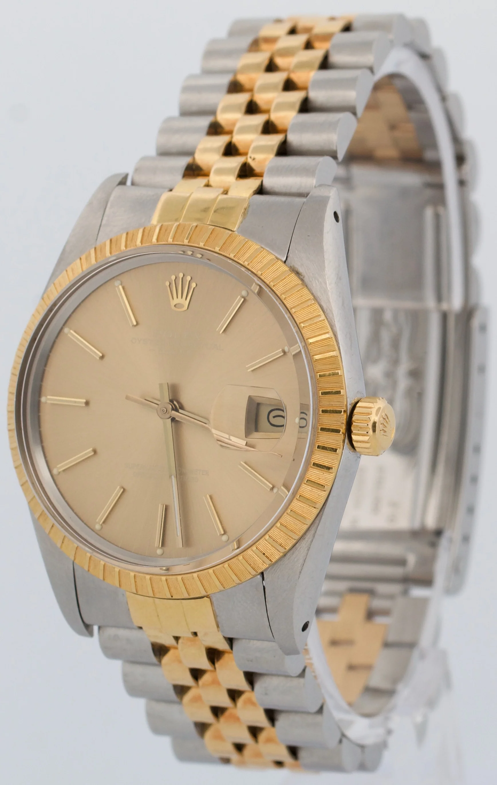 1986 Rolex Oyster Perpetual Date CHAMPAGNE 18K Gold Engine-Turned 34mm 15053 - Image 3