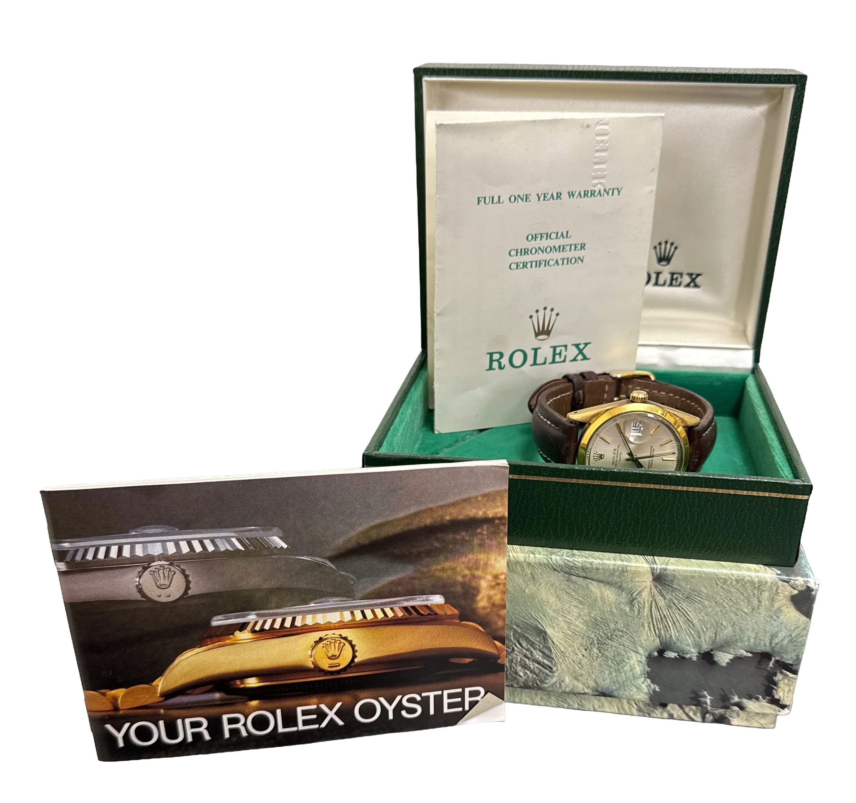 1987 PAPERS Rolex Oyster Perpetual Date 34mm Gold Leather SILVER Watch 15505 BOX - Image 2