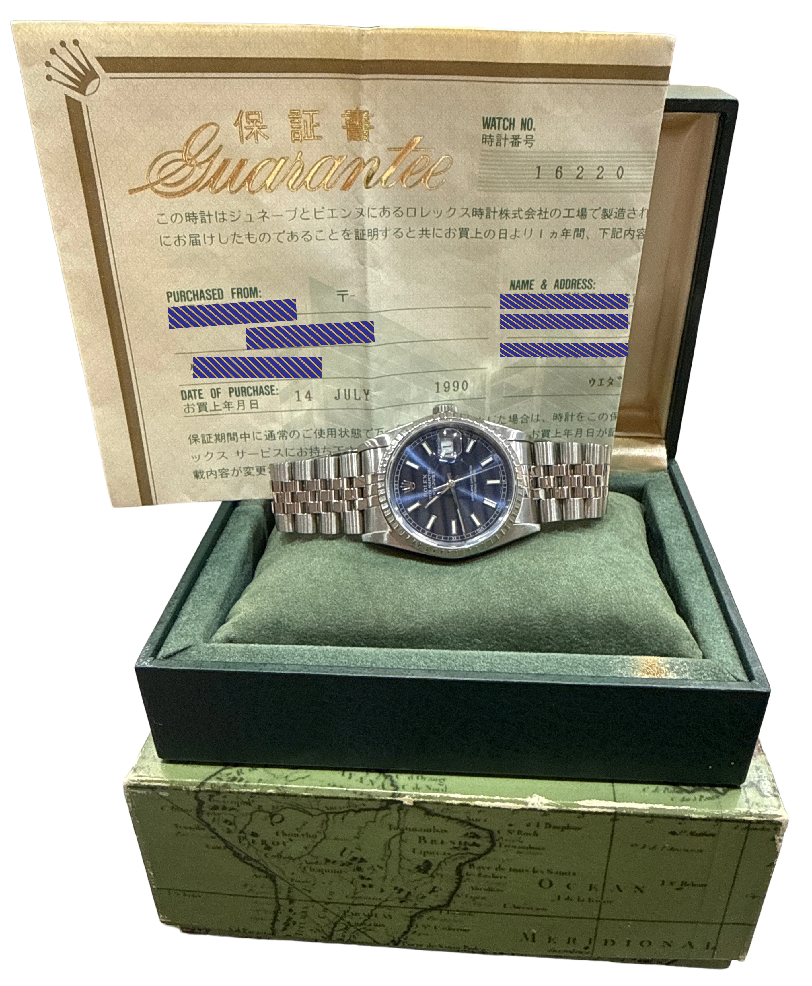 1990 PAPERS Rolex DateJust BLUE 36mm Stainless Engine-Turned JUBILEE 16220 BOX - Image 2