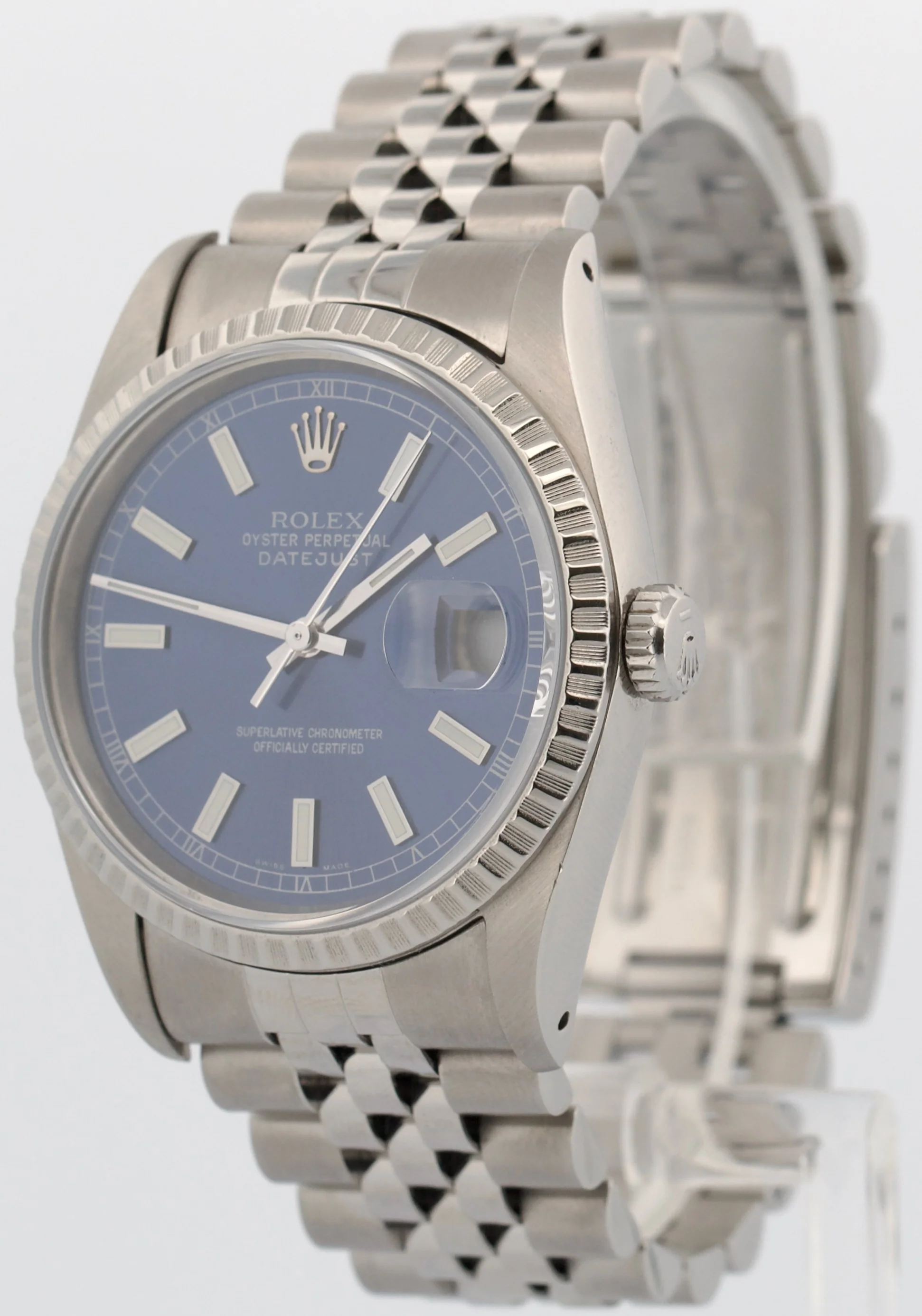 1990 PAPERS Rolex DateJust BLUE 36mm Stainless Engine-Turned JUBILEE 16220 BOX - Image 3