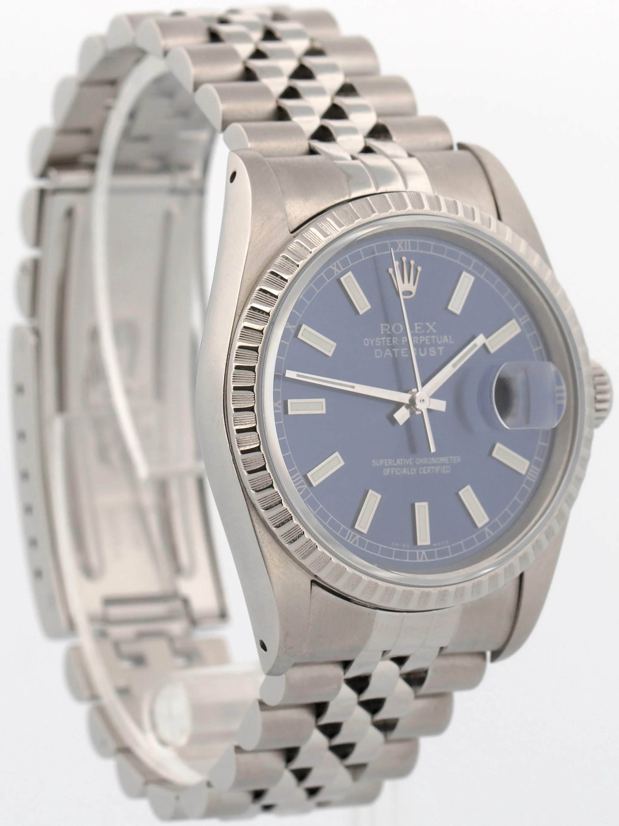 1990 PAPERS Rolex DateJust BLUE 36mm Stainless Engine-Turned JUBILEE 16220 BOX - Image 4