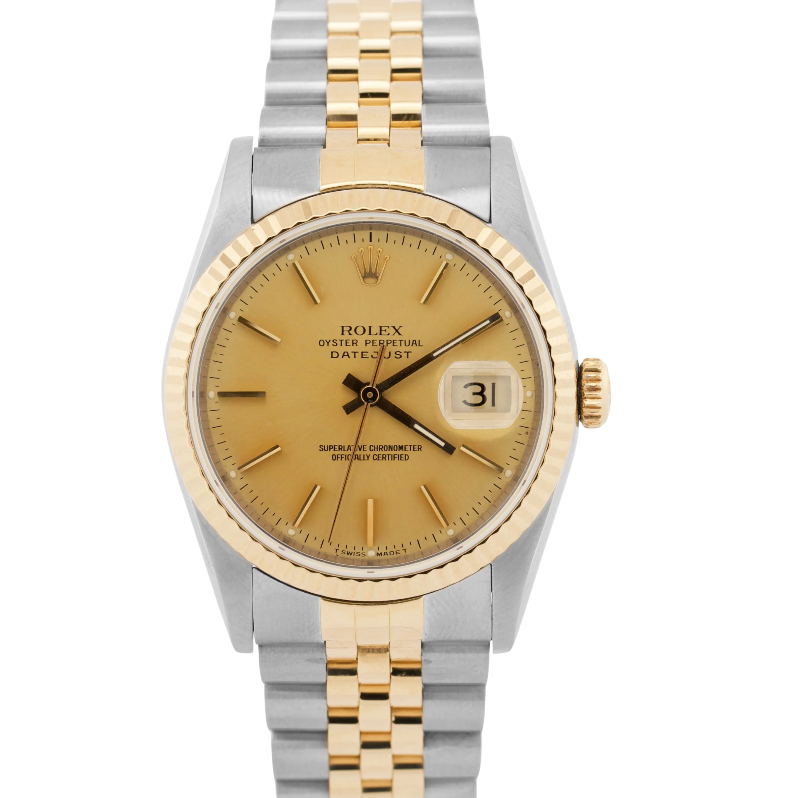 1990 Rolex DateJust 36mm CHAMPAGNE 18K Yellow Gold Stainless Steel JUBILEE 16233