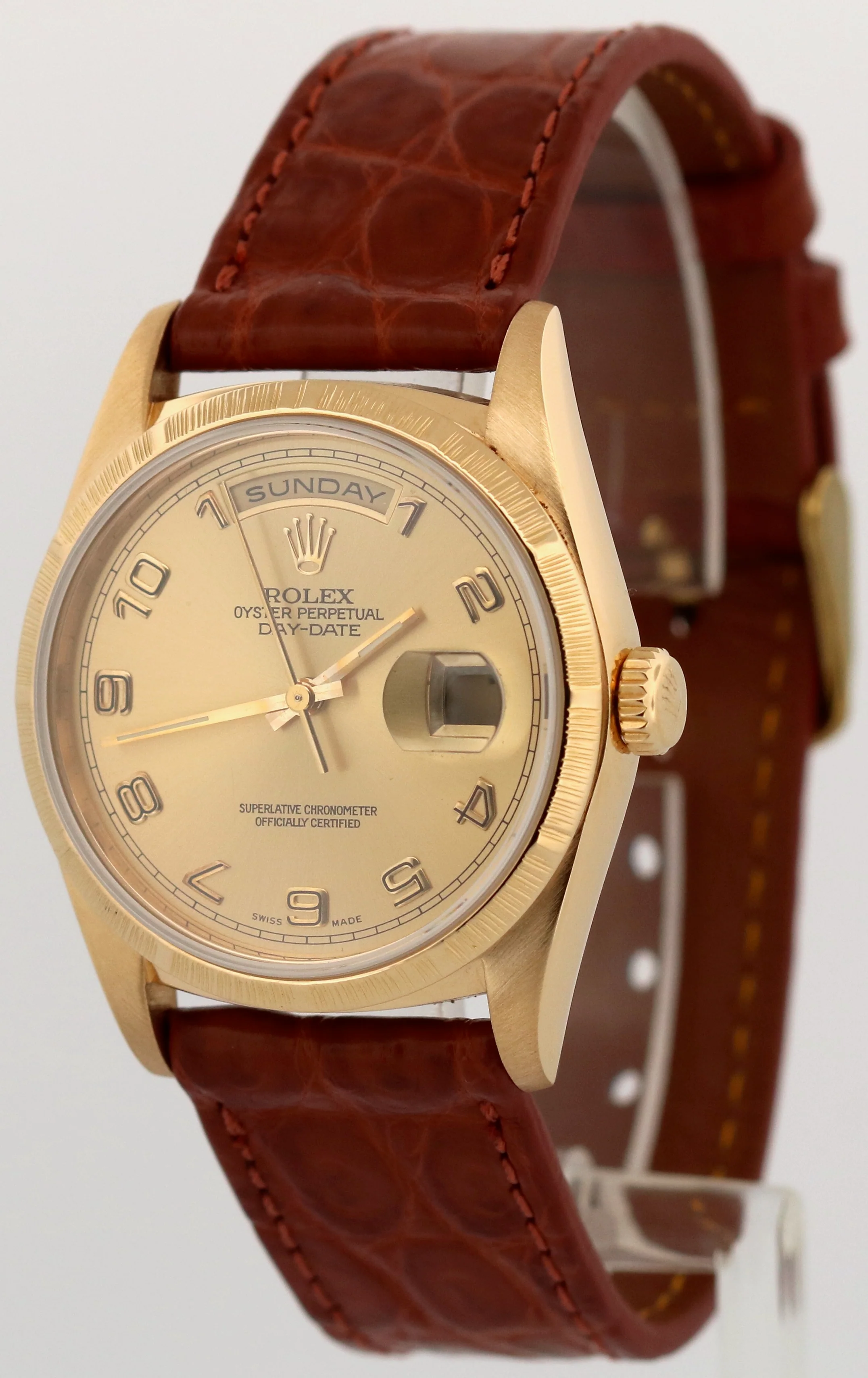 1991 Rolex Day-Date 36mm CHAMPAGNE ARABIC 18K Gold BARK Leather Watch 18248 - Image 3