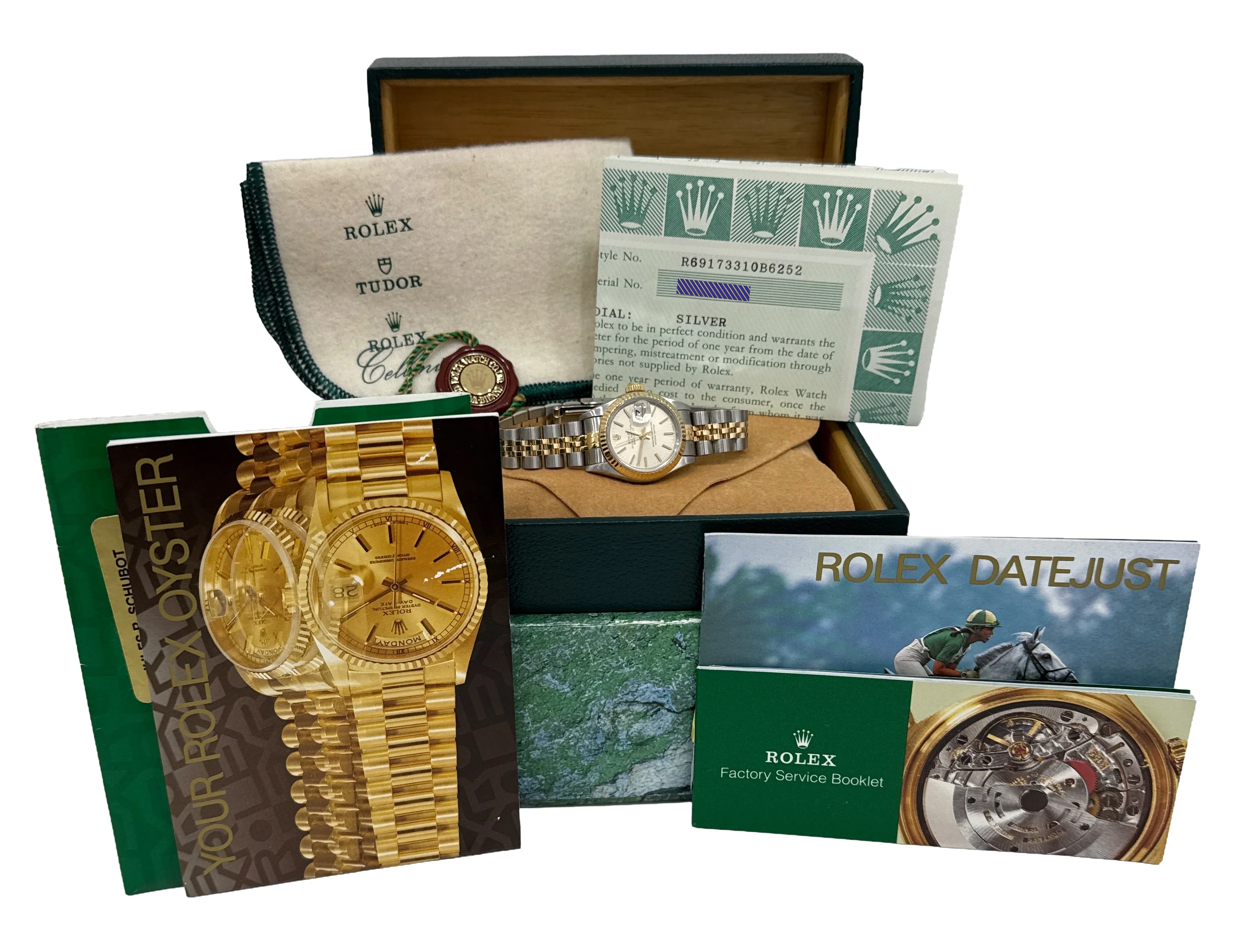 1995 PAPERS Rolex DateJust 26mm SILVER 18K Gold JUBILEE No-Holes 69173 Watch BOX - Image 2