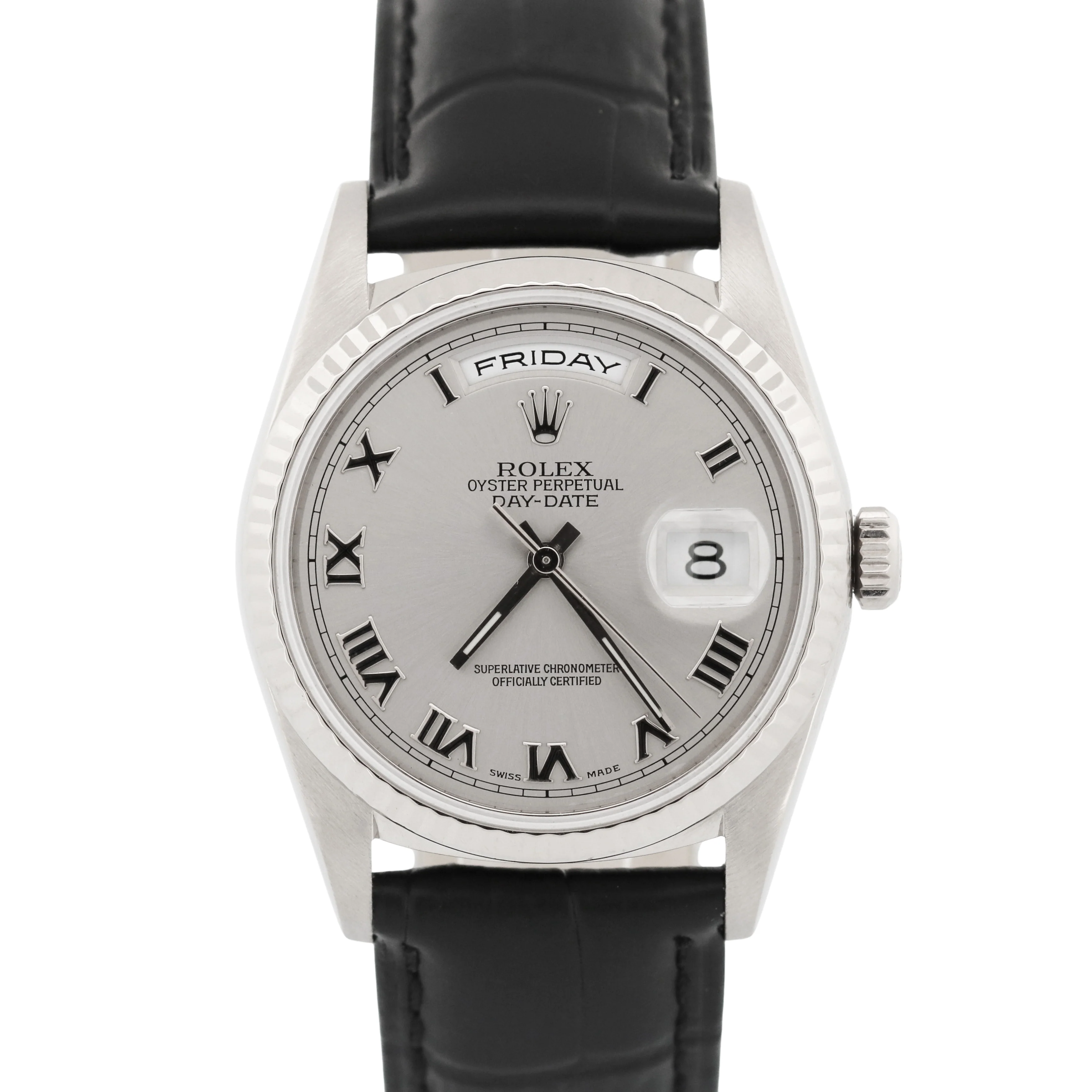 1999 Rolex Day-Date 36mm SILVER ROMAN 18K White Gold Fluted Leather Watch 18239