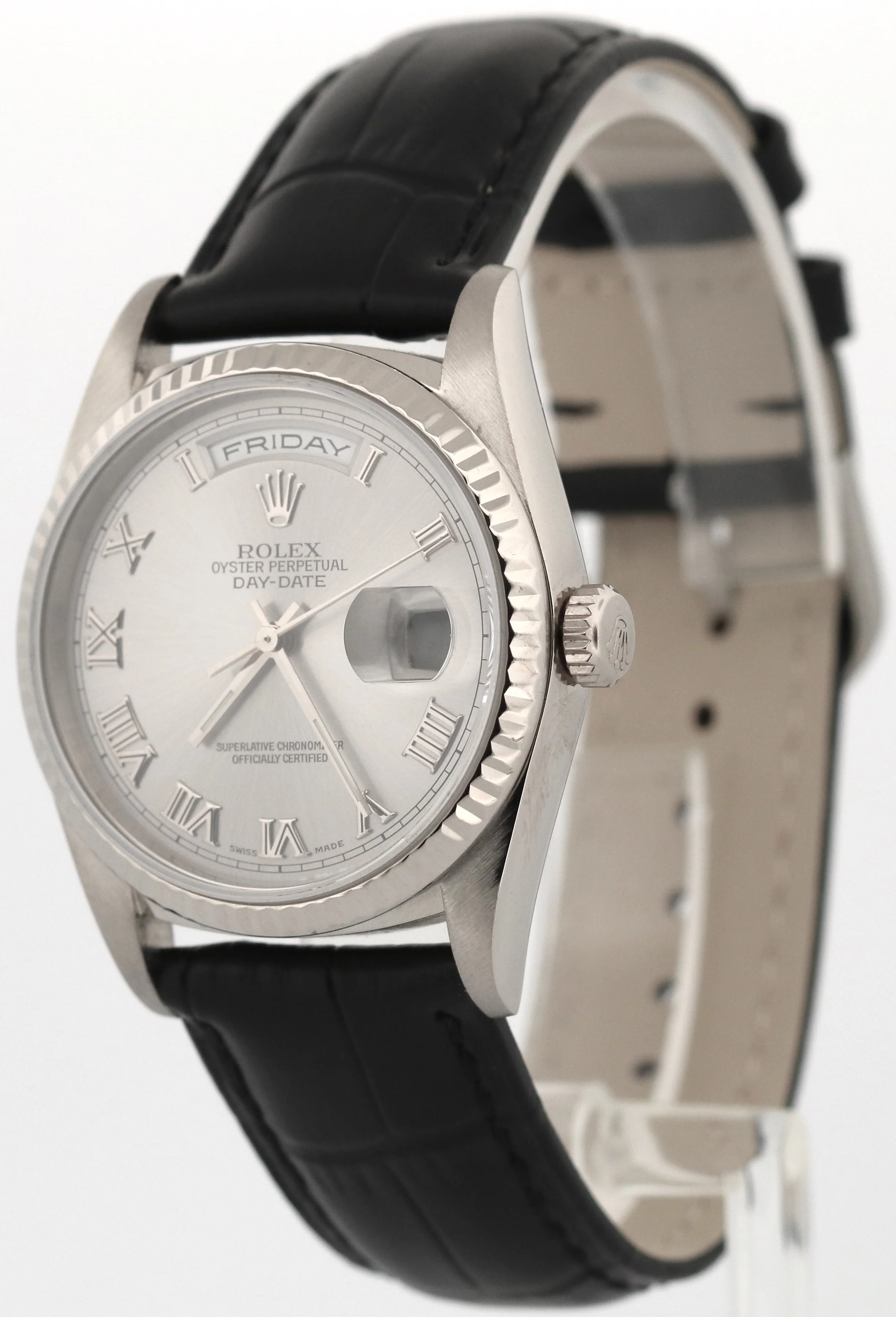 1999 Rolex Day-Date 36mm SILVER ROMAN 18K White Gold Fluted Leather Watch 18239 - Image 3