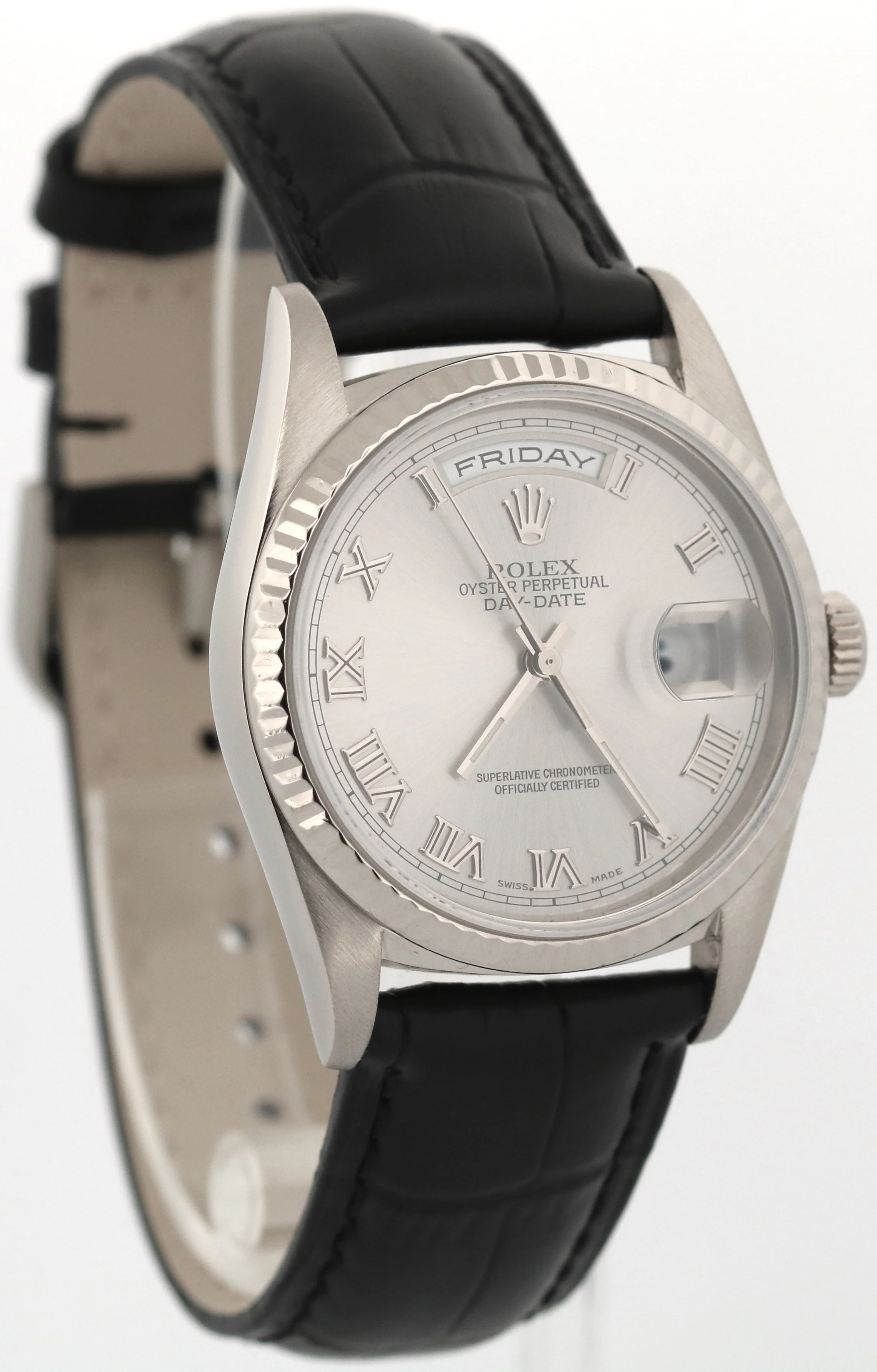 1999 Rolex Day-Date 36mm SILVER ROMAN 18K White Gold Fluted Leather Watch 18239 - Image 4