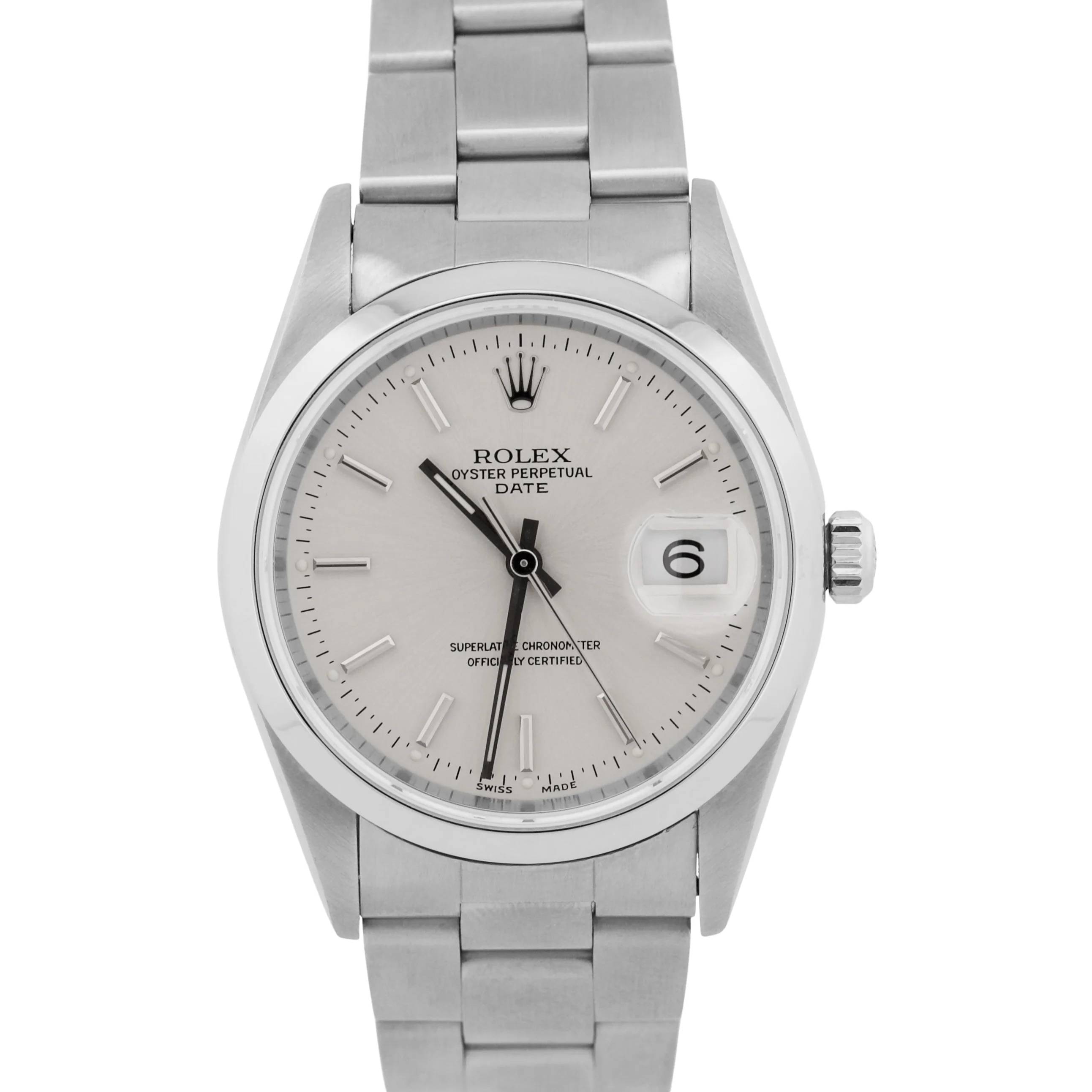 2001 Rolex Oyster Perpetual Date SILVER 34mm Oyster Stainless NO-HOLES 15200