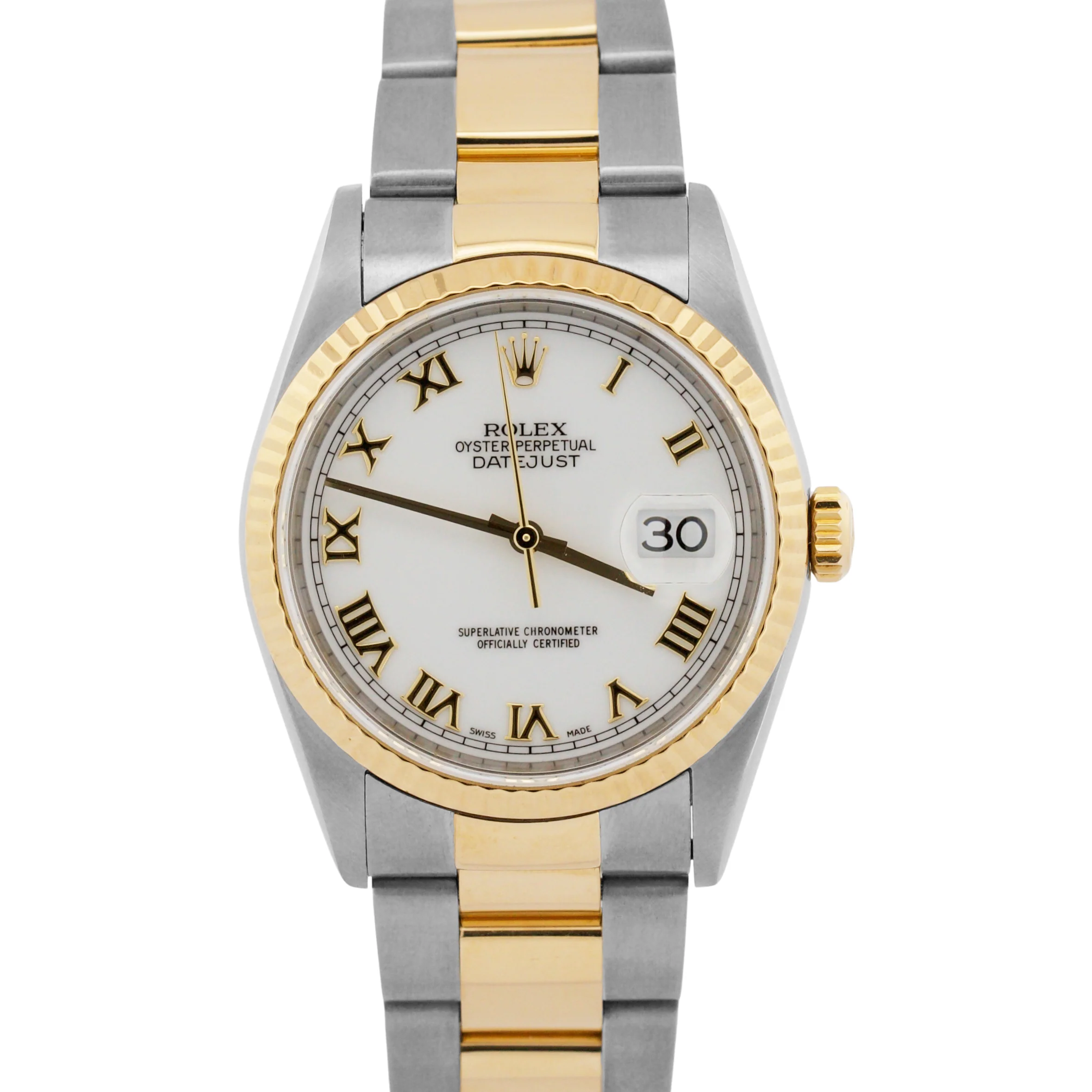 2003 PAPERS Rolex DateJust 36mm WHITE ROMAN 18K Gold Steel OYSTER 16233 BOX
