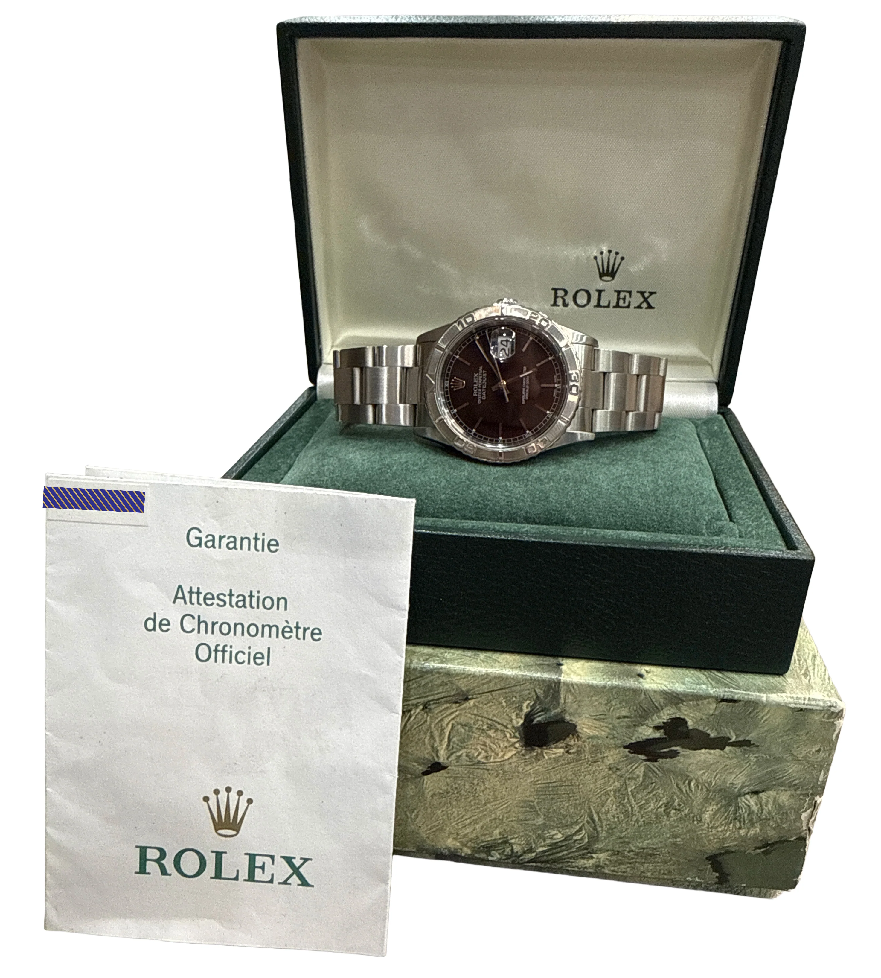 2004 PAPERS Rolex DateJust 36mm BLACK Steel OYSTER Engine-Turned 16264 Watch BOX - Image 2