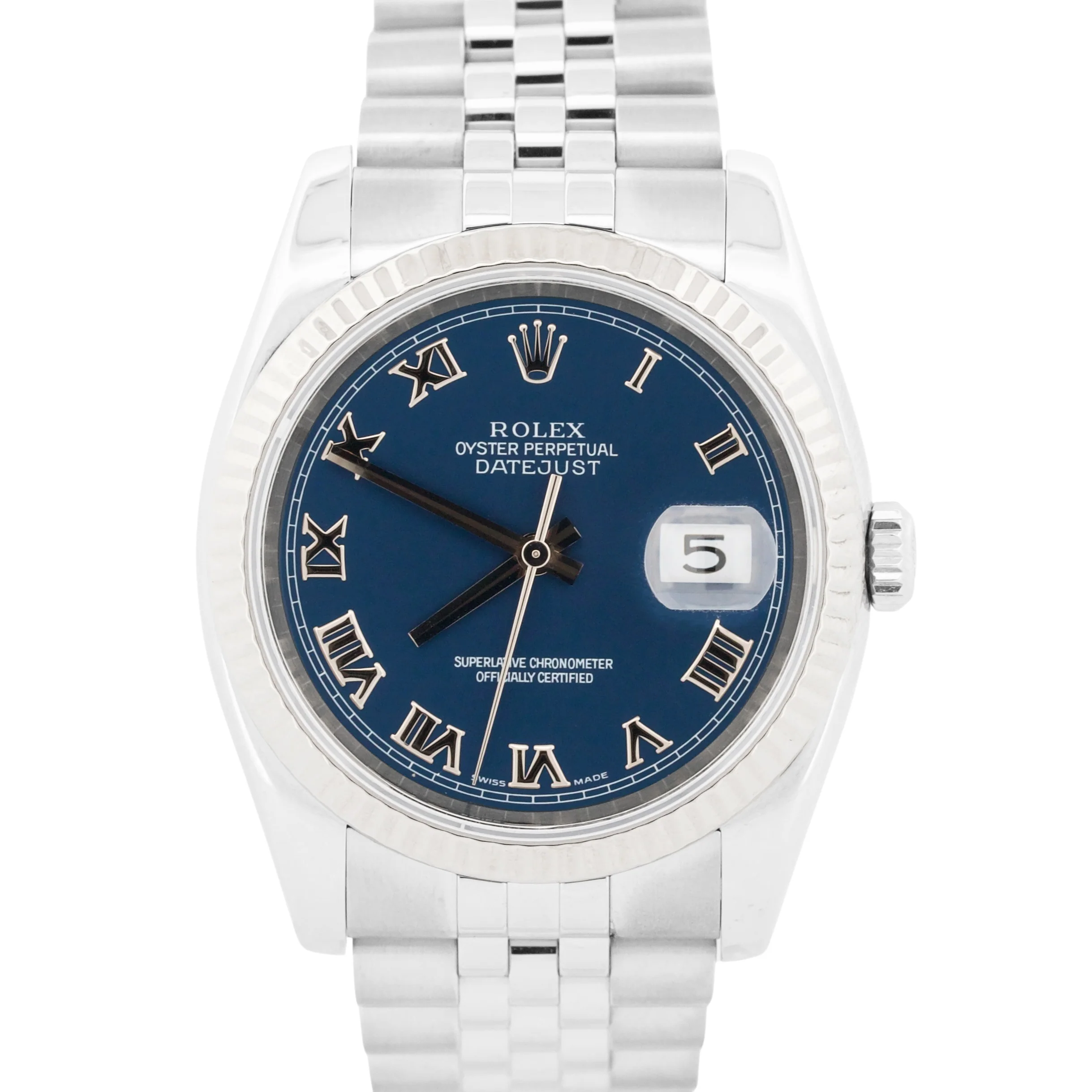 2006 PAPERS Rolex DateJust 36mm BLUE ROMAN 18K Gold Steel JUBILEE 18K 116234 BOX