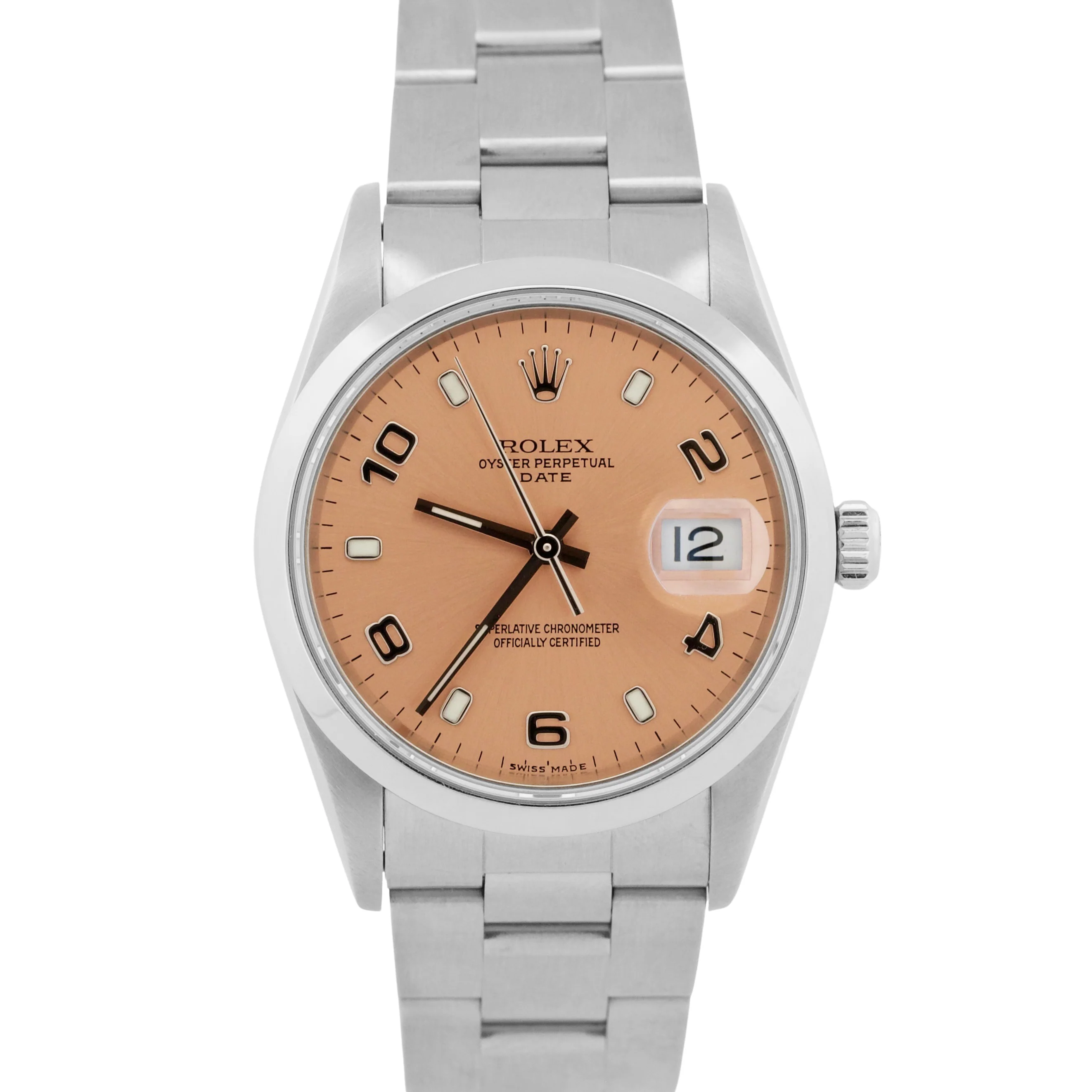 2006 Rolex Oyster Perpetual Date SALMON ARABIC 34mm Steel NO-HOLES 15200 BOX