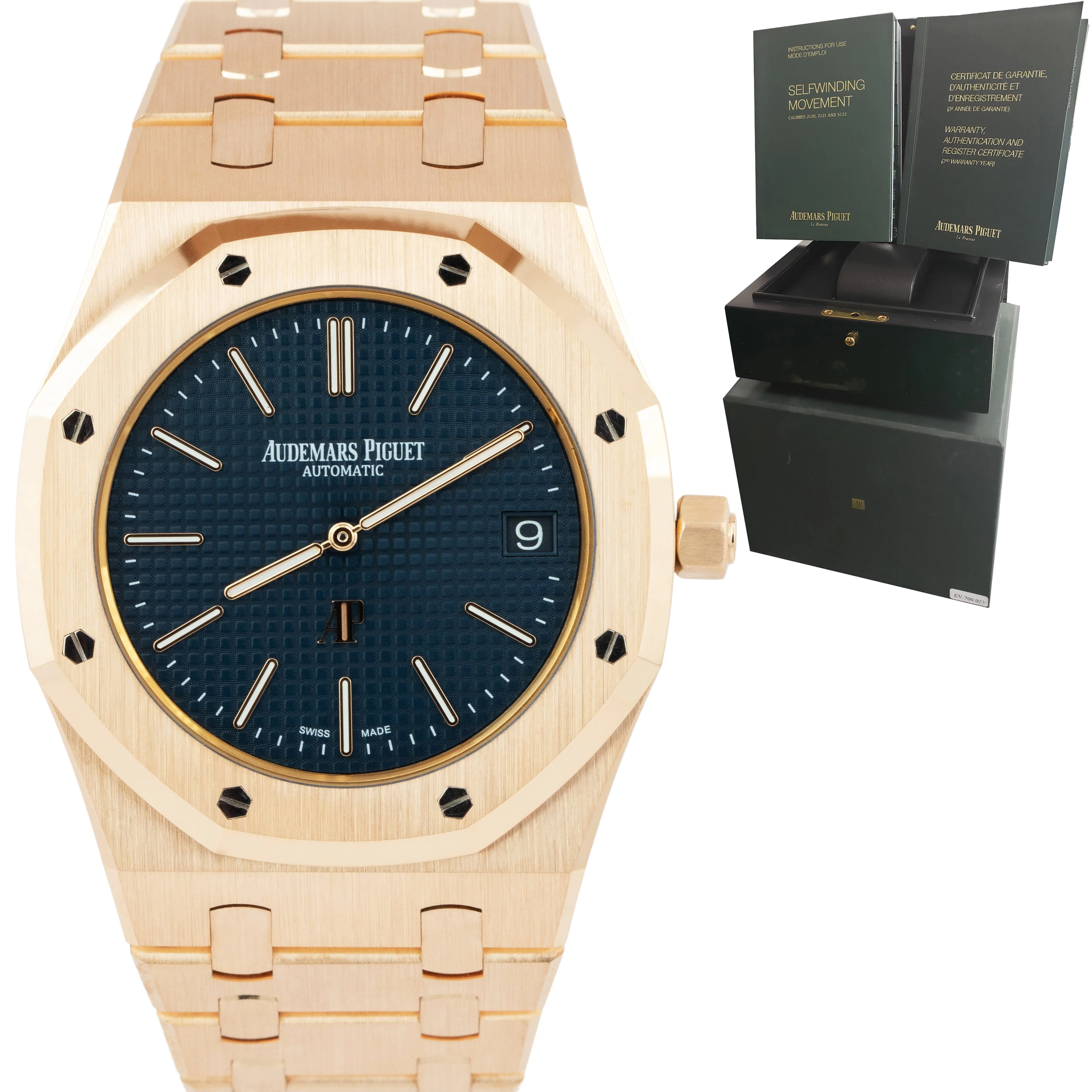 2014 Audemars Piguet Royal Oak Blue 39mm 18K Rose Gold 15202OR.00.1240OR.01 B+P - Image 6