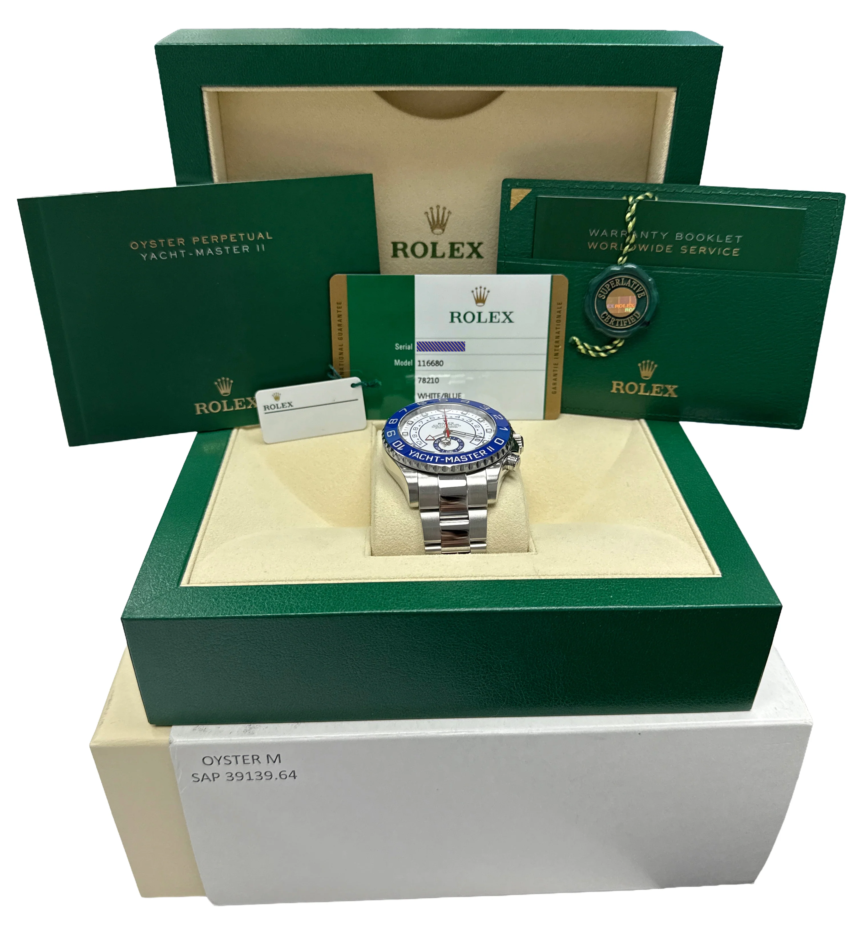 2018 PAPERS Rolex Yacht-Master II 44mm White Blue NEW HANDS 116680 Watch BOX - Image 2
