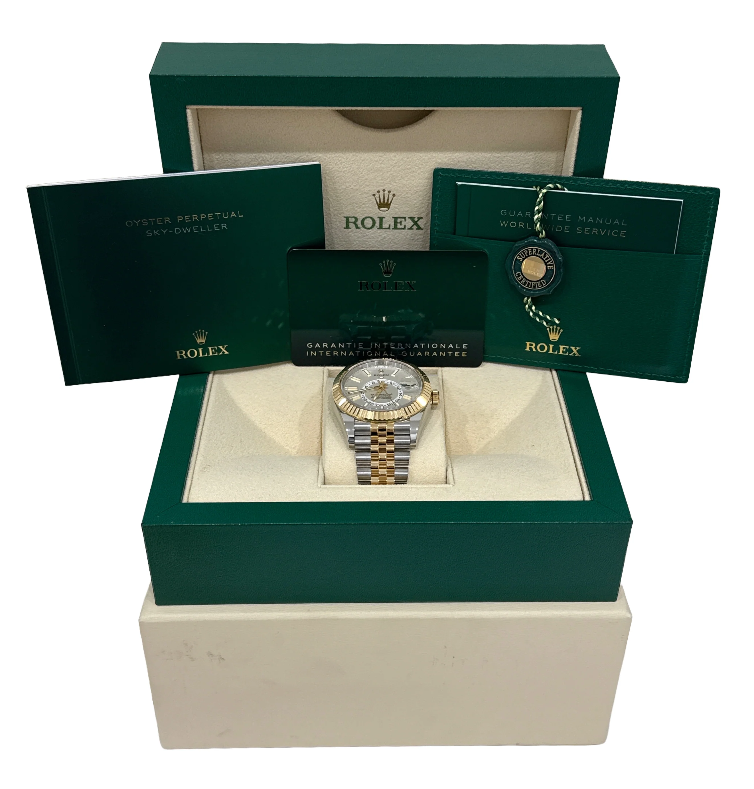 2023 PAPERS Rolex Sky-Dweller WHITE 18K Gold Stainless JUBILEE 42mm 326933 BOX - Image 2