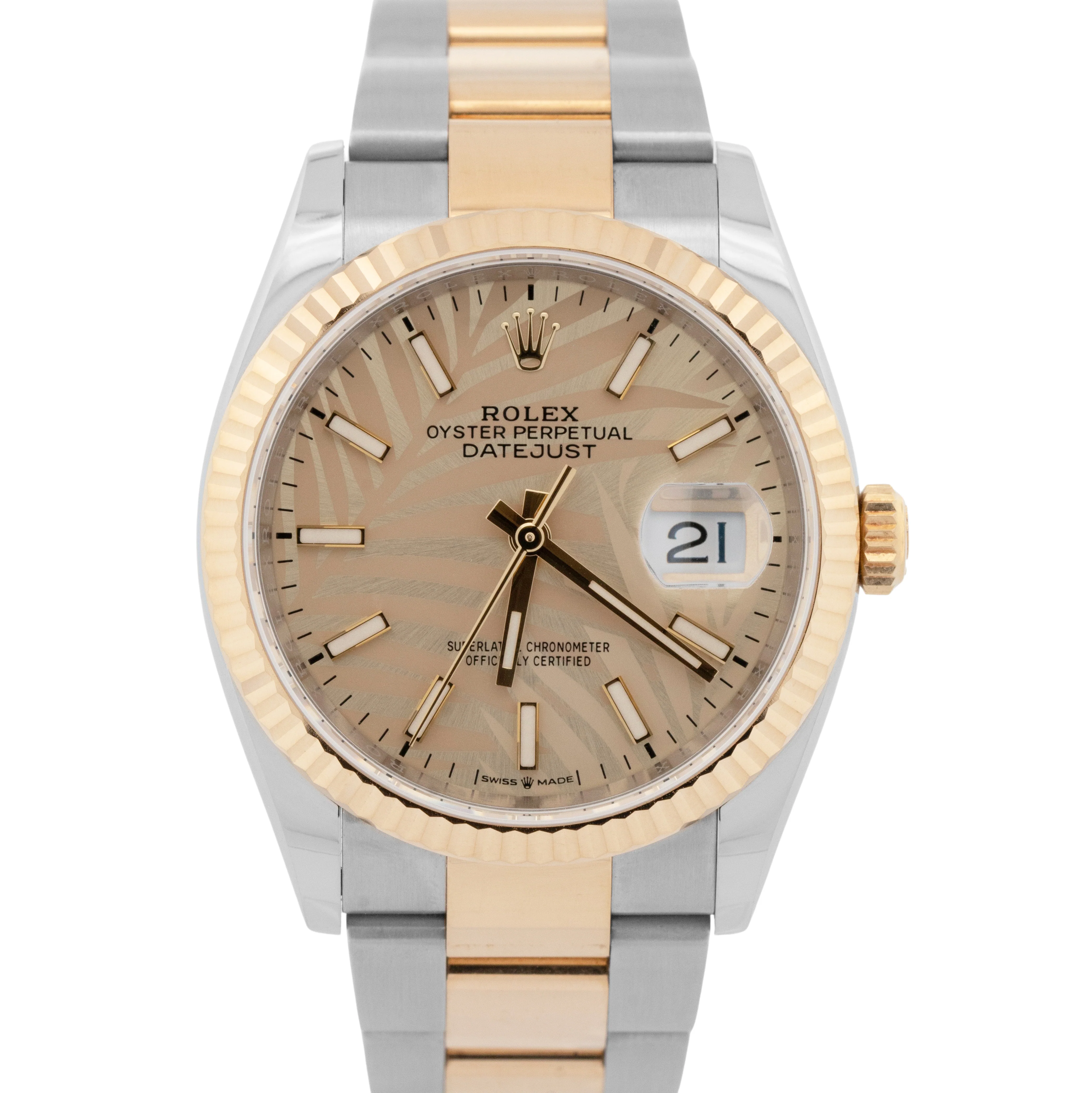 2023 Rolex DateJust Champagne Palm Motif 36mm Yellow Gold Oyster Watch 126233
