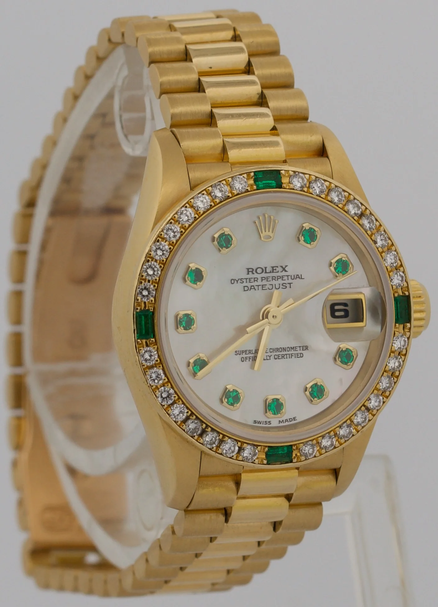 2024 RSC Rolex DateJust President FACTORY MOP EMERALD DIAMOND 18K 26mm 69078 - Image 4
