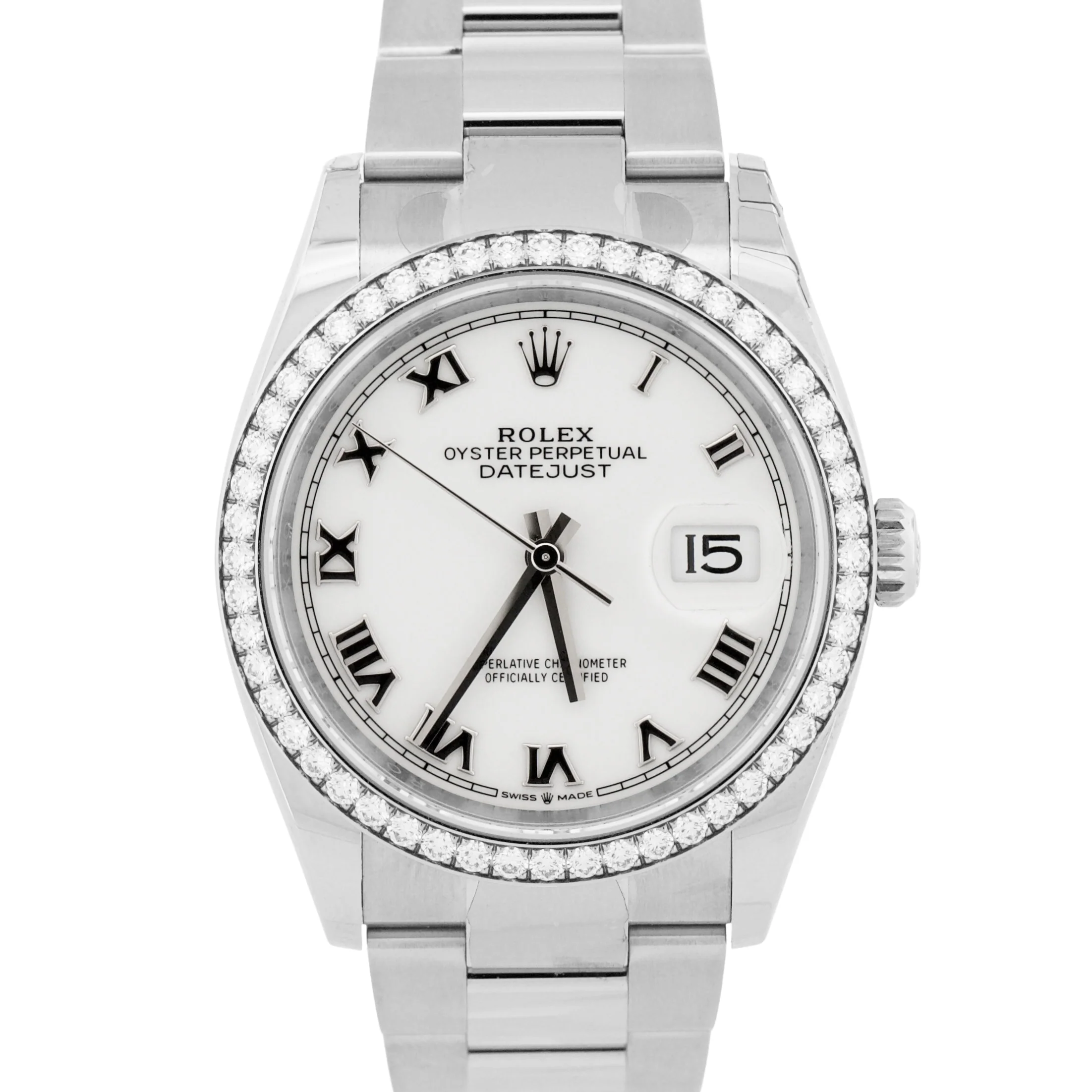 2025 PAPERS Rolex DateJust 36mm WHITE ROMAN Steel DIAMOND Oyster 126284 RBR BOX
