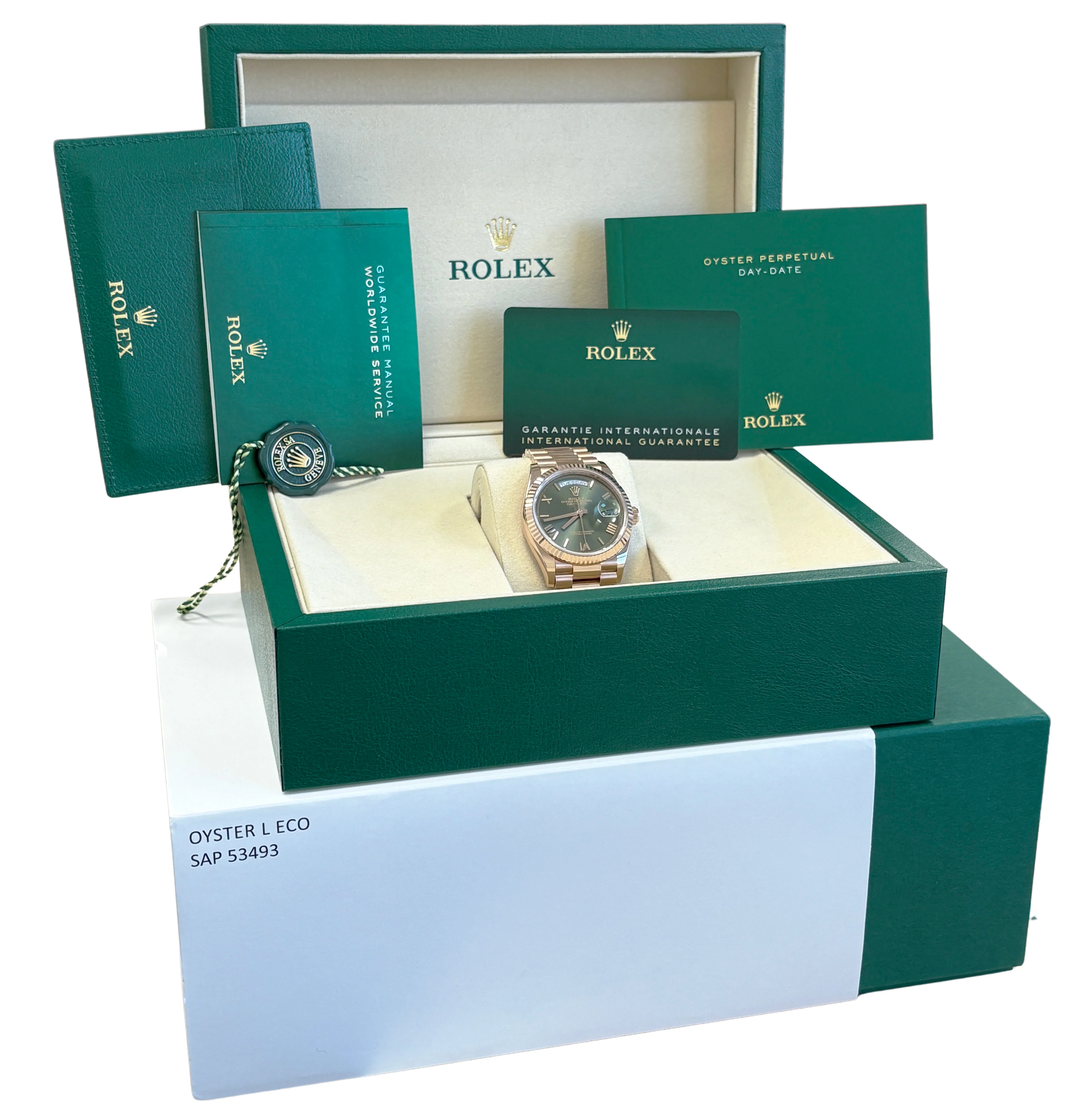 2025 PAPERS Rolex Day-Date President OLIVE ROMAN 36mm Rose Gold 128235 Watch BOX - Image 2