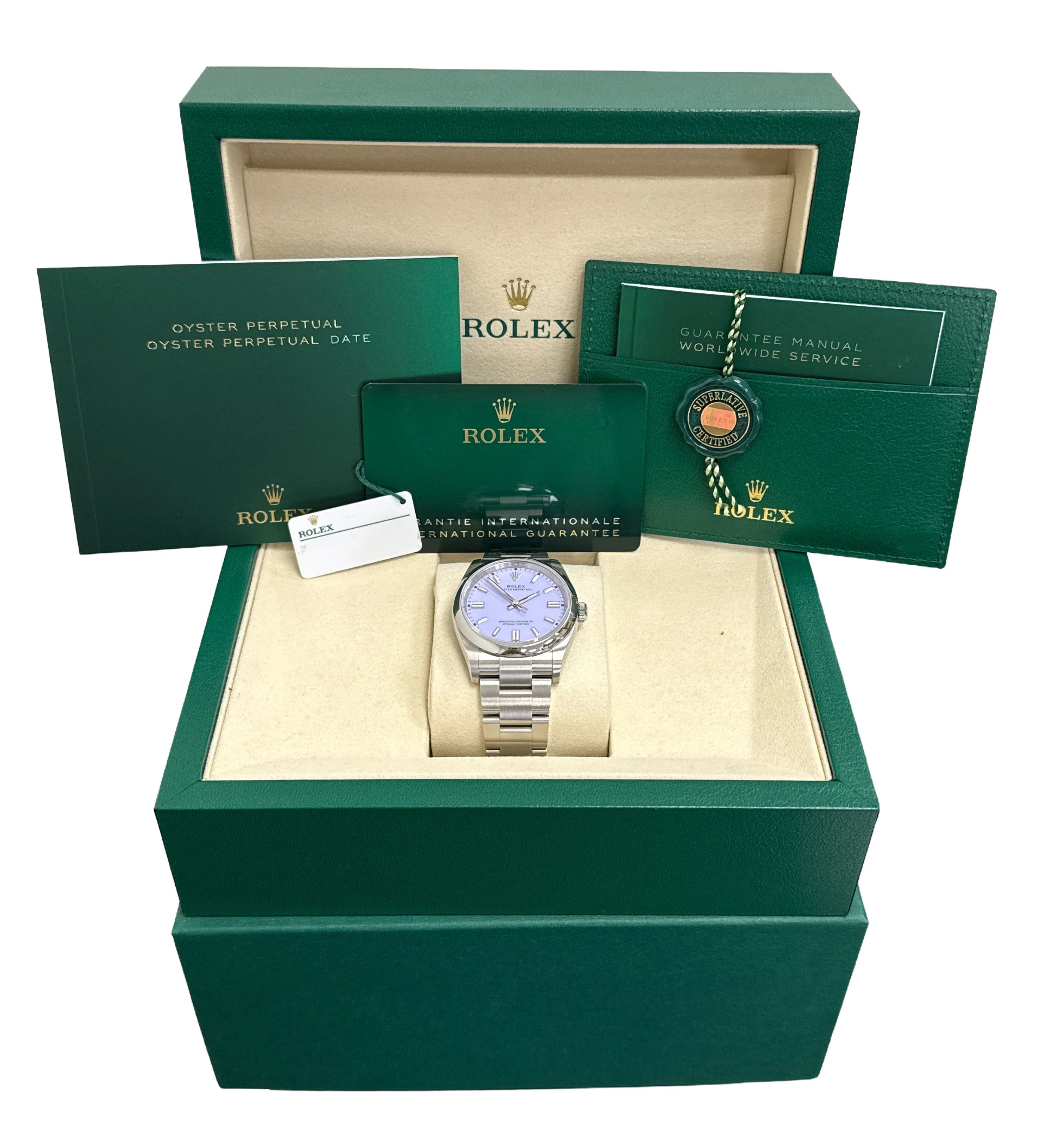 2025 PAPERS Rolex Oyster Perpetual LAVENDER PURPLE Steel 36mm Watch 126000 BOX - Image 2