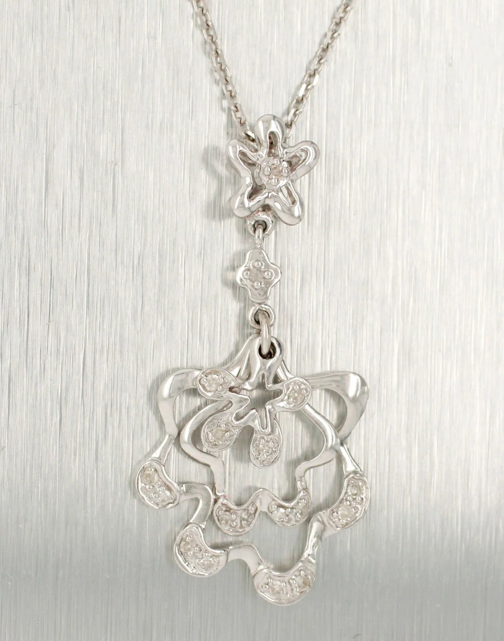 Modern Abstract 0.20ctw Diamond Wave Star Pendant - 14k White Gold Necklace 20" Chain - Image 2