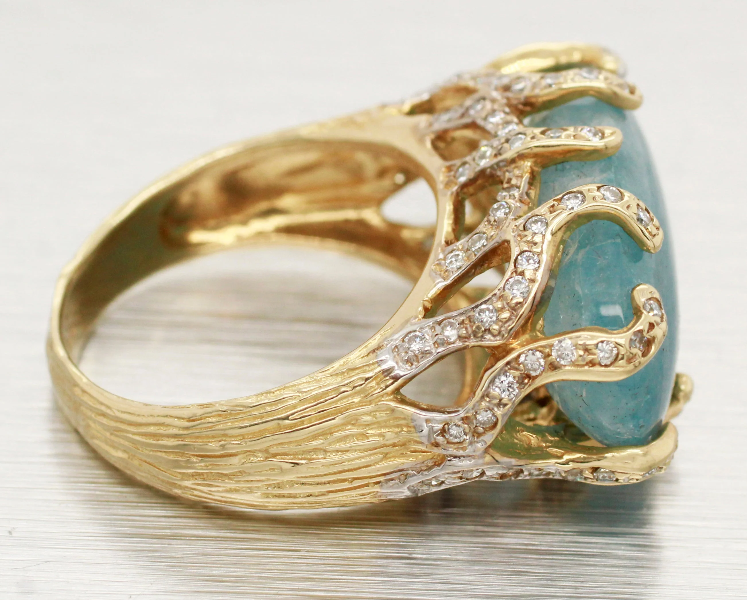 Andy C Blue Oval Gemstone & Diamond Ring -14k Yellow Gold Bark-Style Band - Image 3