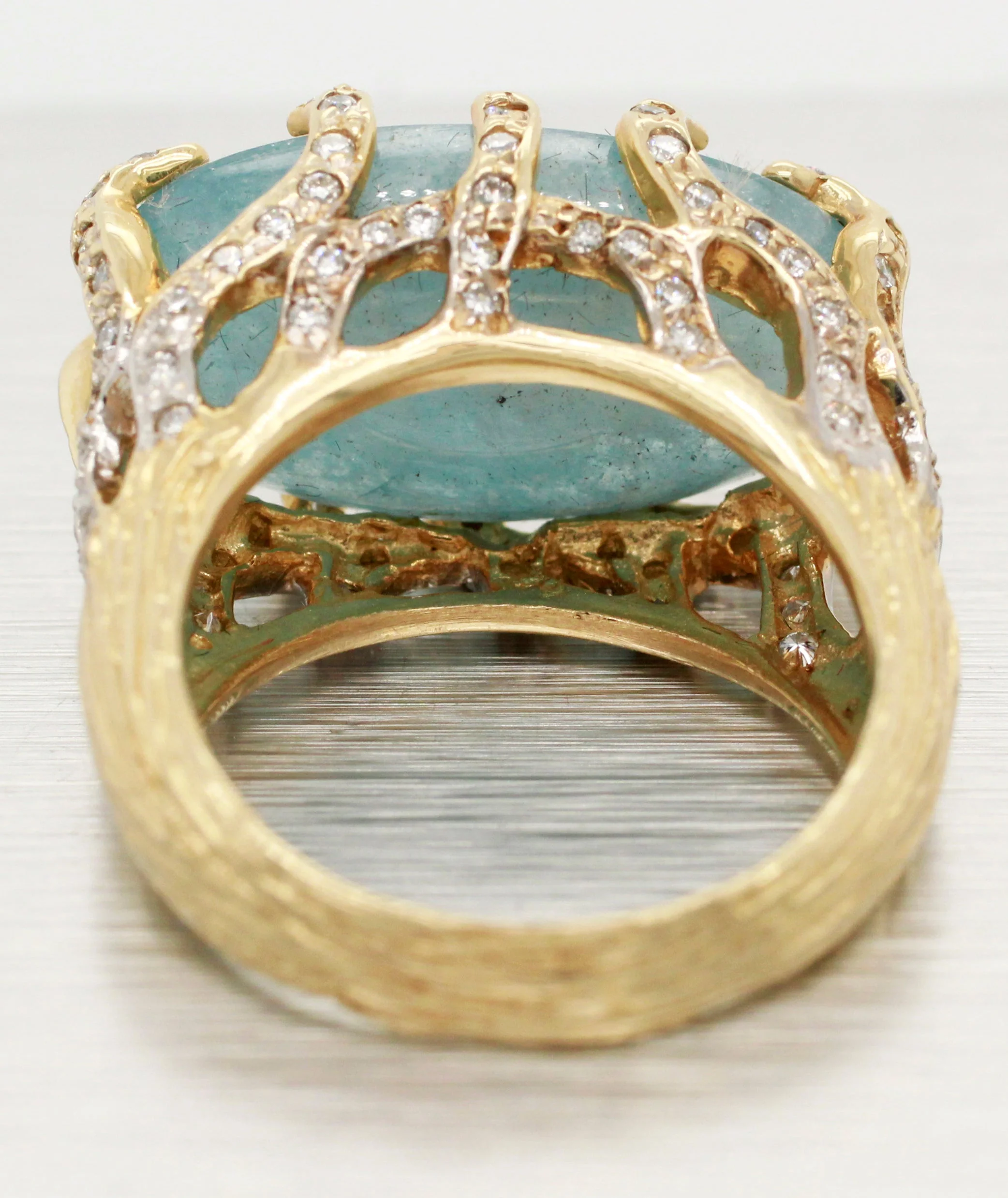 Andy C Blue Oval Gemstone & Diamond Ring -14k Yellow Gold Bark-Style Band - Image 4