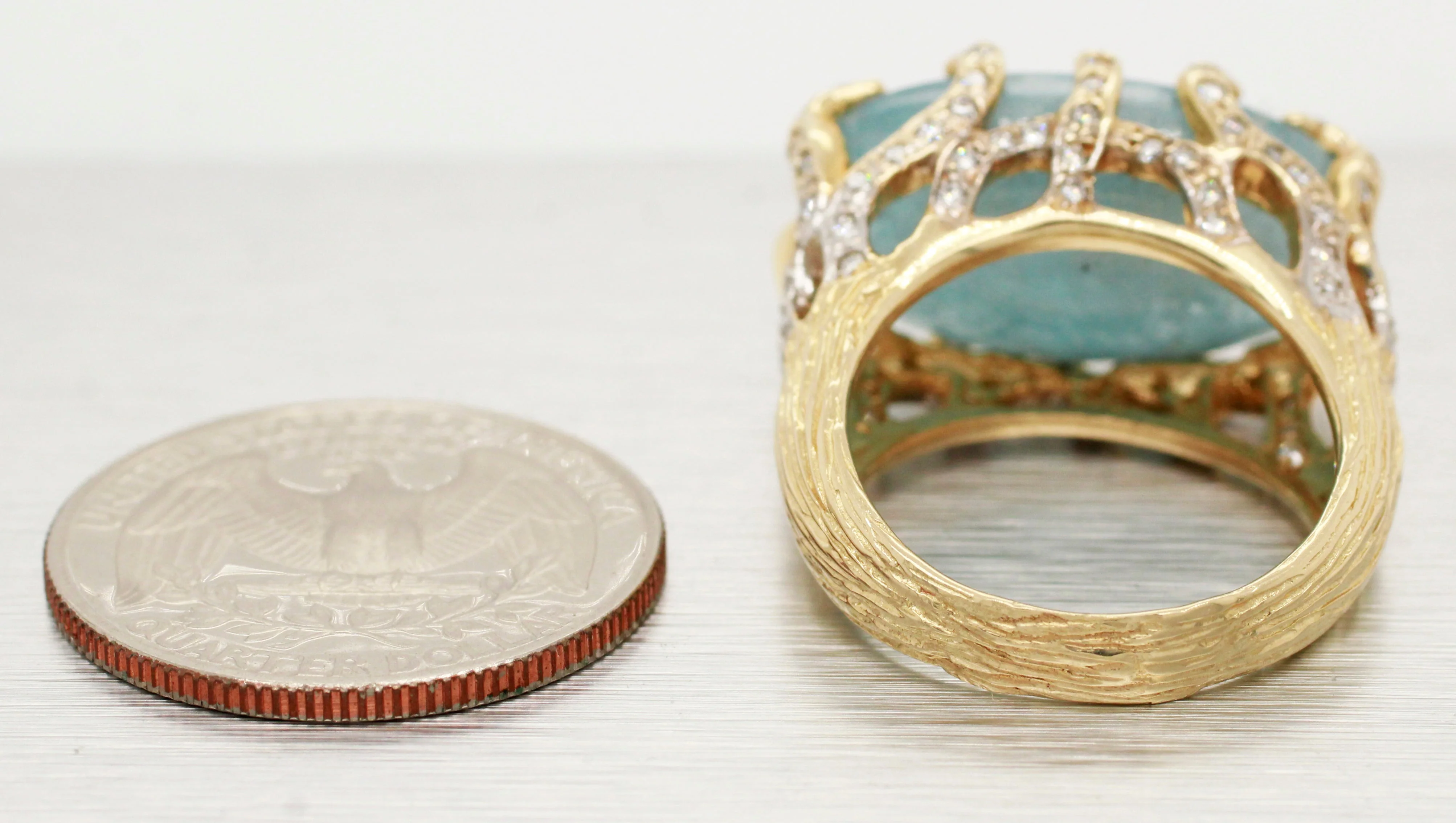 Andy C Blue Oval Gemstone & Diamond Ring -14k Yellow Gold Bark-Style Band - Image 6