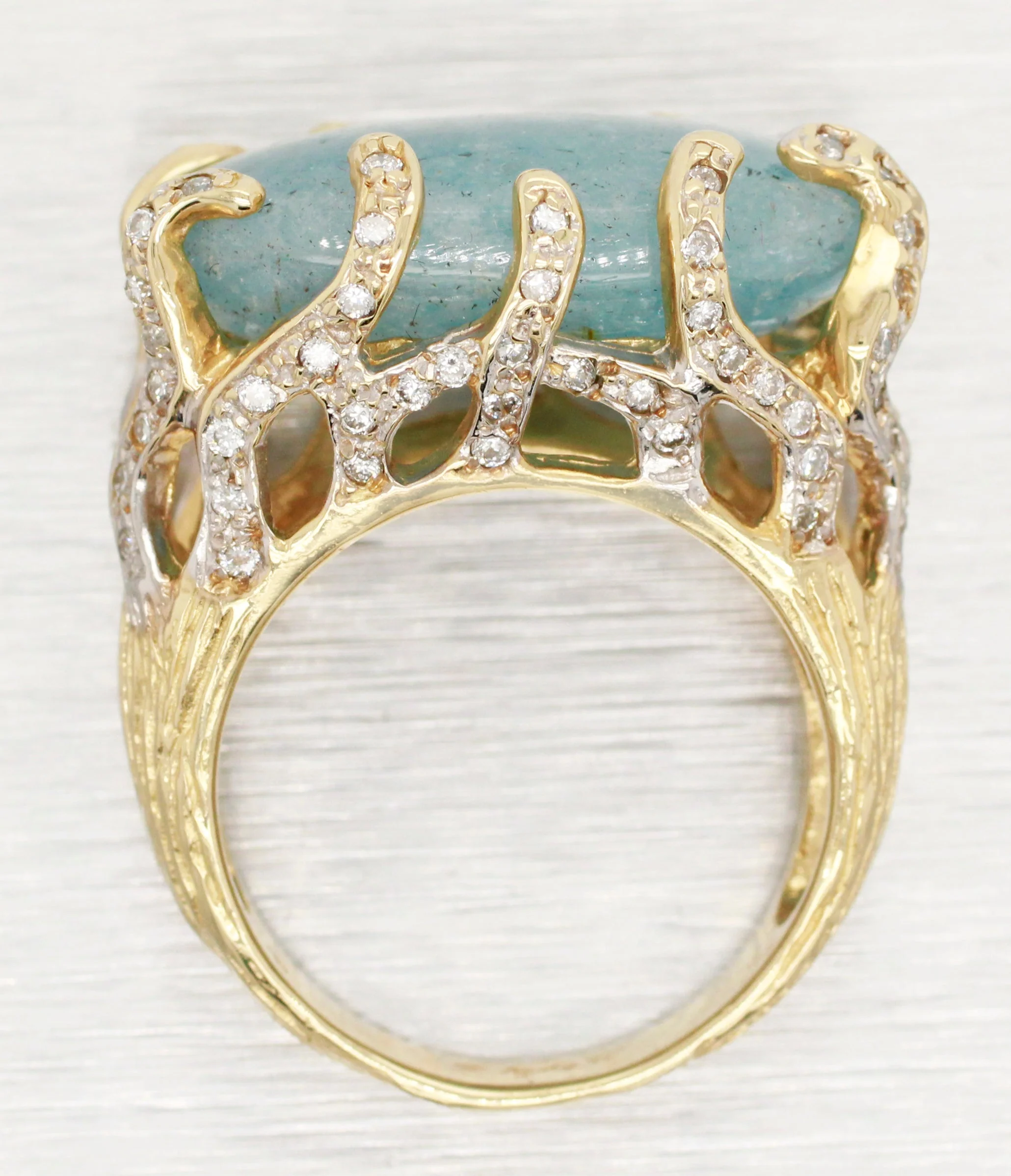 Andy C Blue Oval Gemstone & Diamond Ring -14k Yellow Gold Bark-Style Band - Image 7