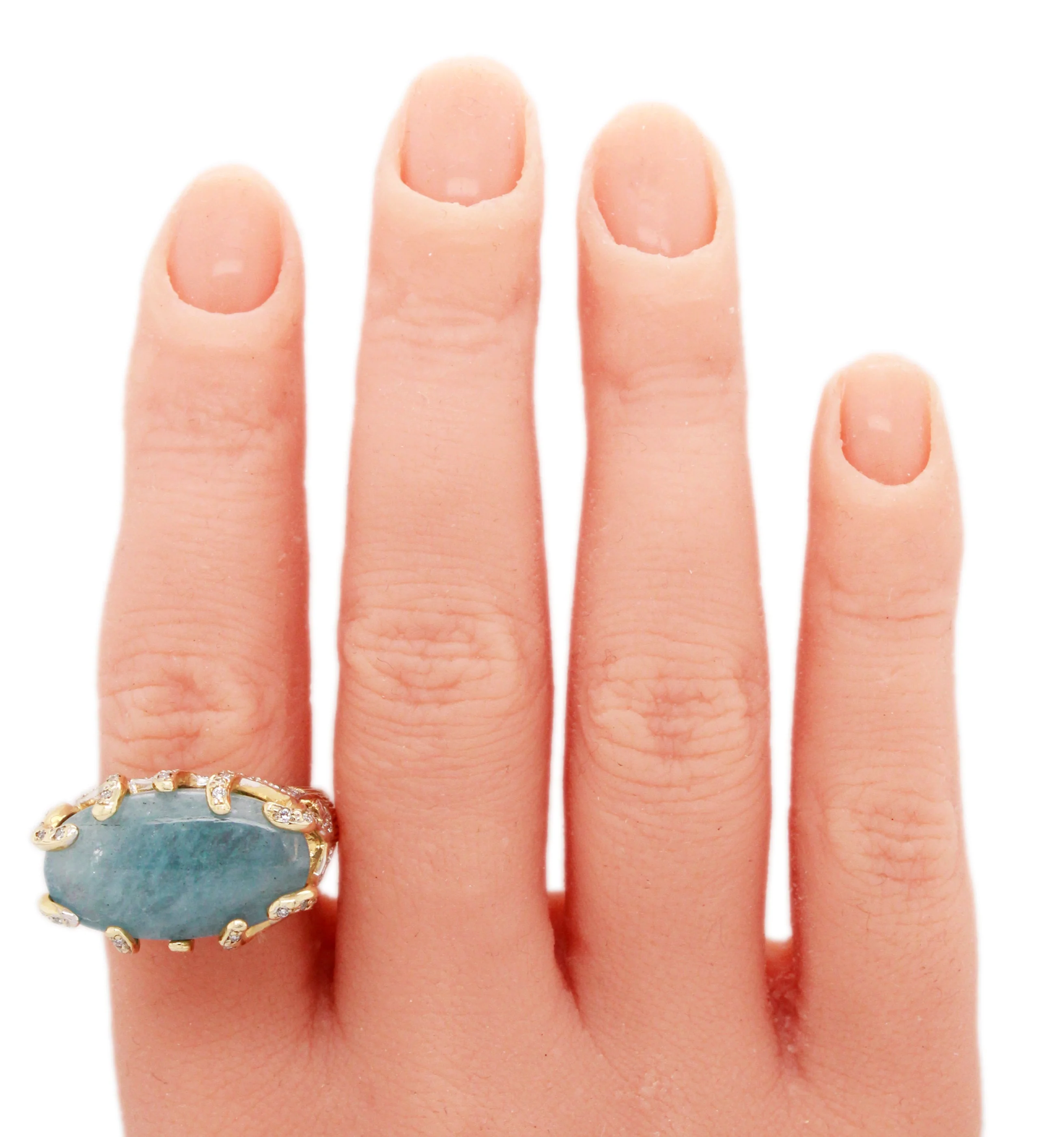 Andy C Blue Oval Gemstone & Diamond Ring -14k Yellow Gold Bark-Style Band - Image 8