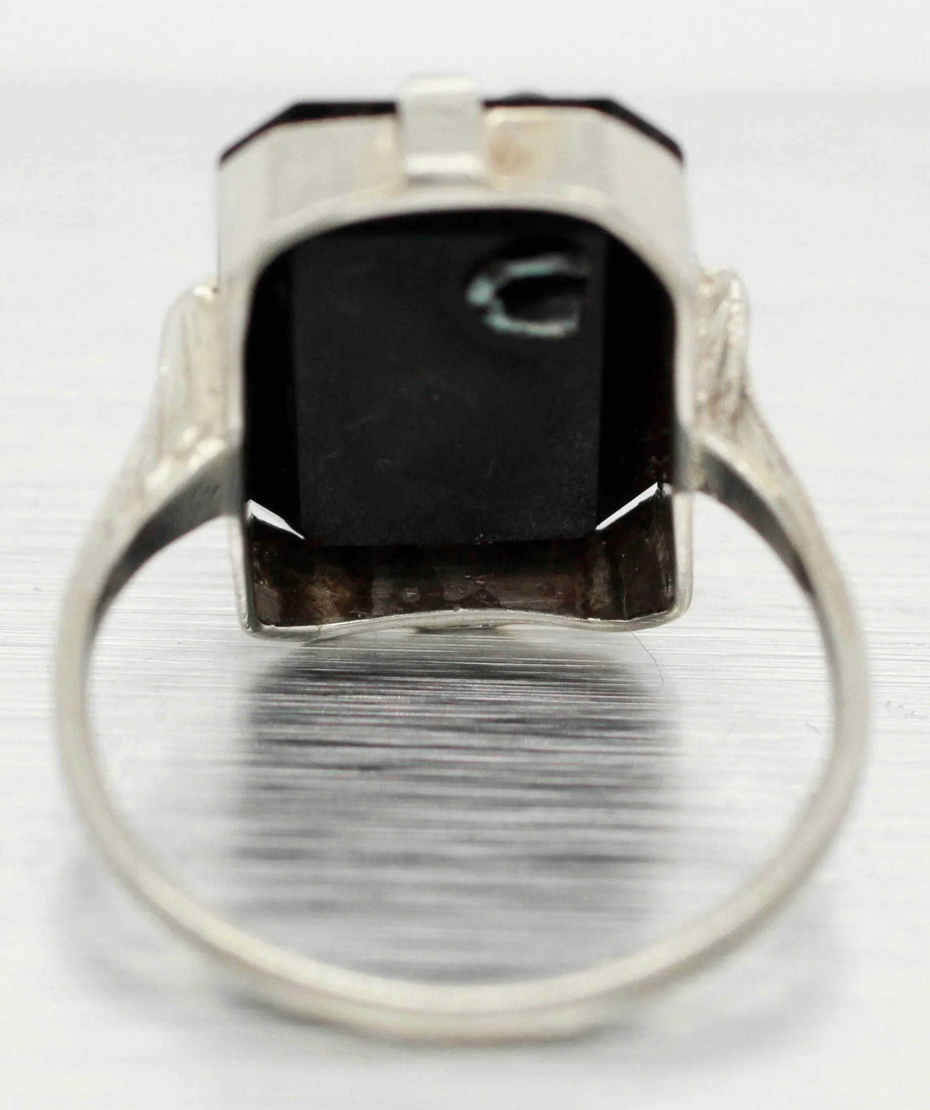 Antique Art Deco 0.05ct Diamond and Onyx Cocktail Ring - 18k White Gold - Image 5