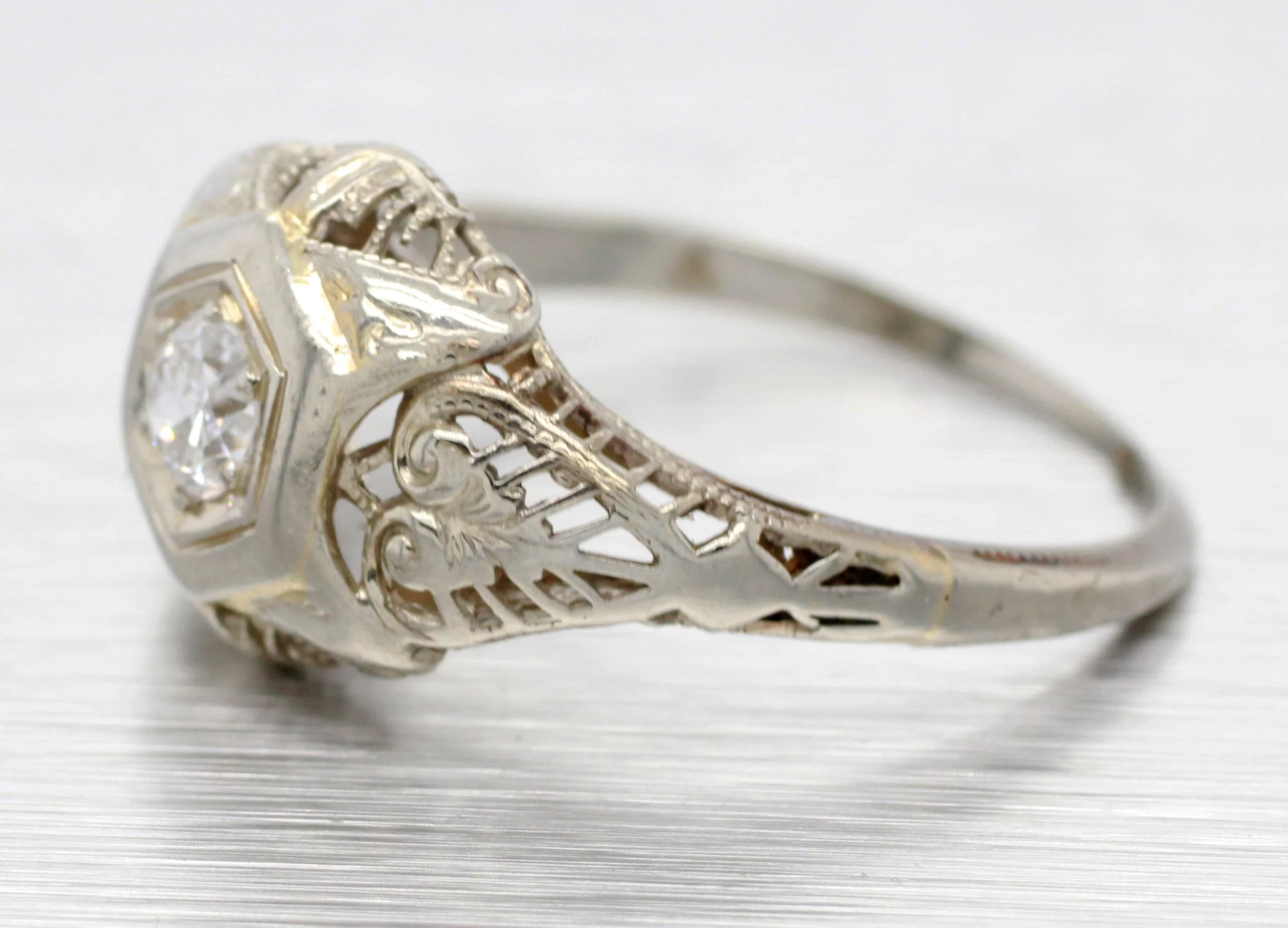 Antique Art Deco 0.20ct Diamond Solitaire Filigree Ring - 18k White Gold | 6.25 - Image 2