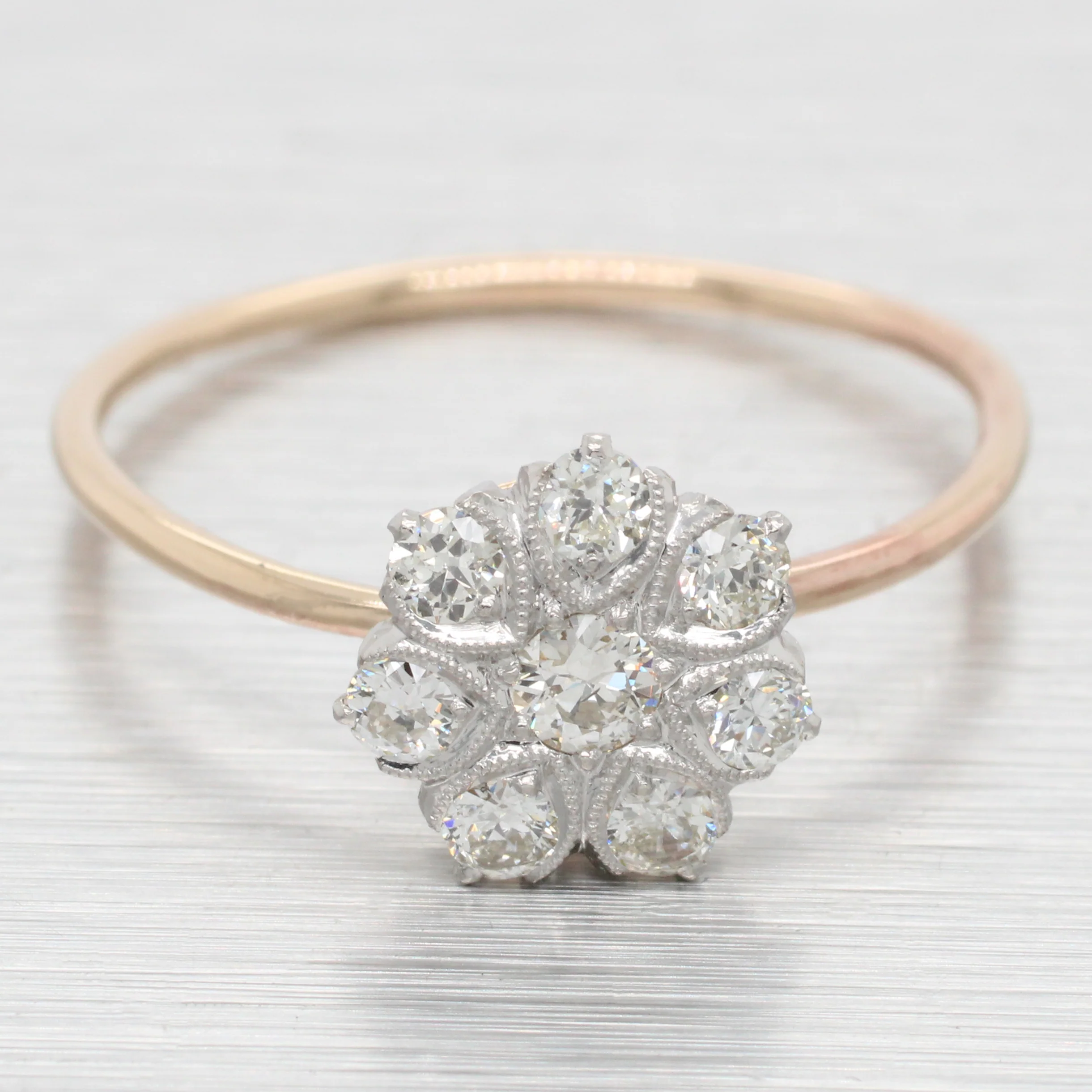 Antique Art Deco 0.25ctw Diamond Flower Ring - 14k Yellow Gold Pin Conversion
