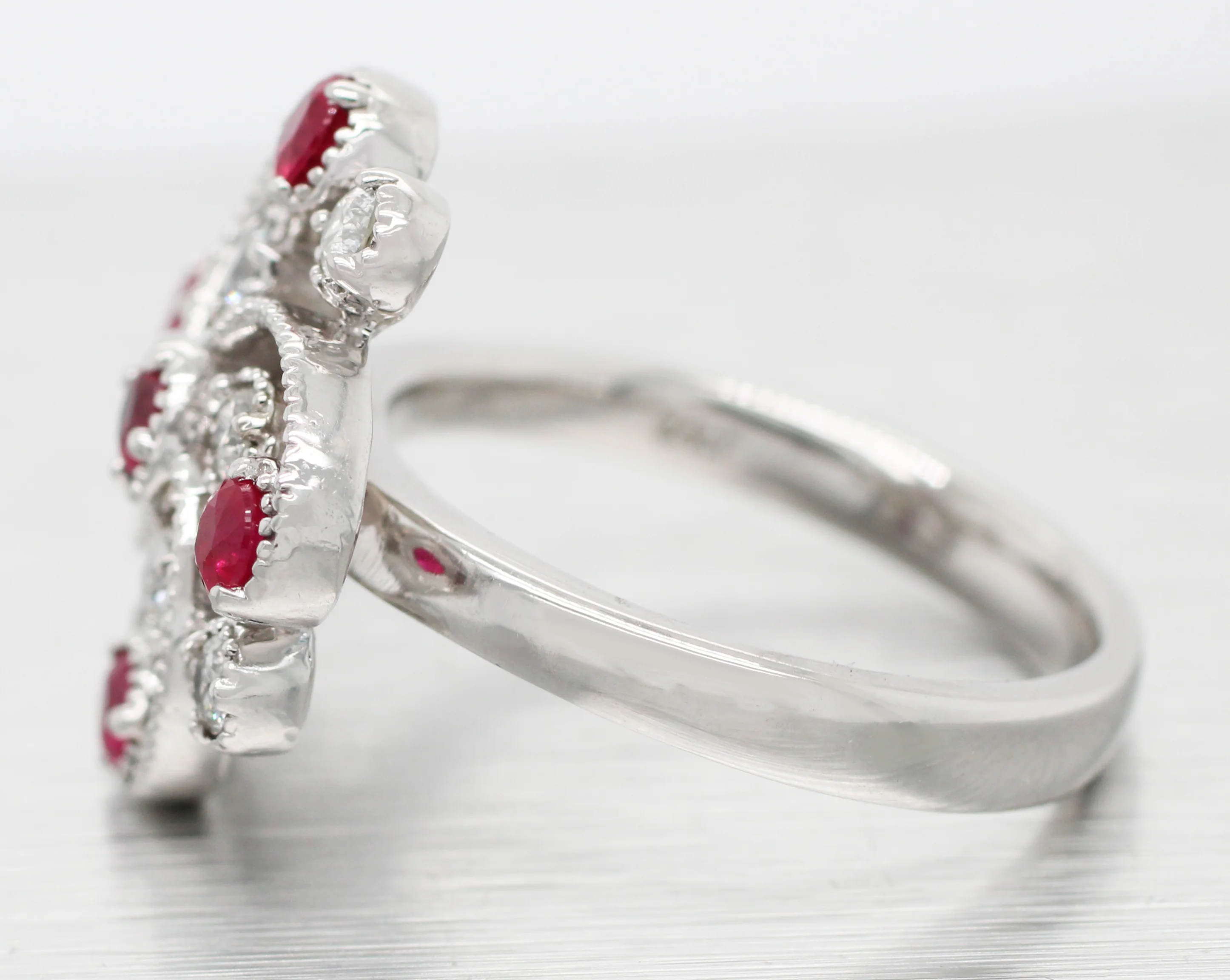 Antique Art Deco 0.30 ctw Ruby & Diamond Swirl Cocktail Ring - 14k White Gold - Image 2
