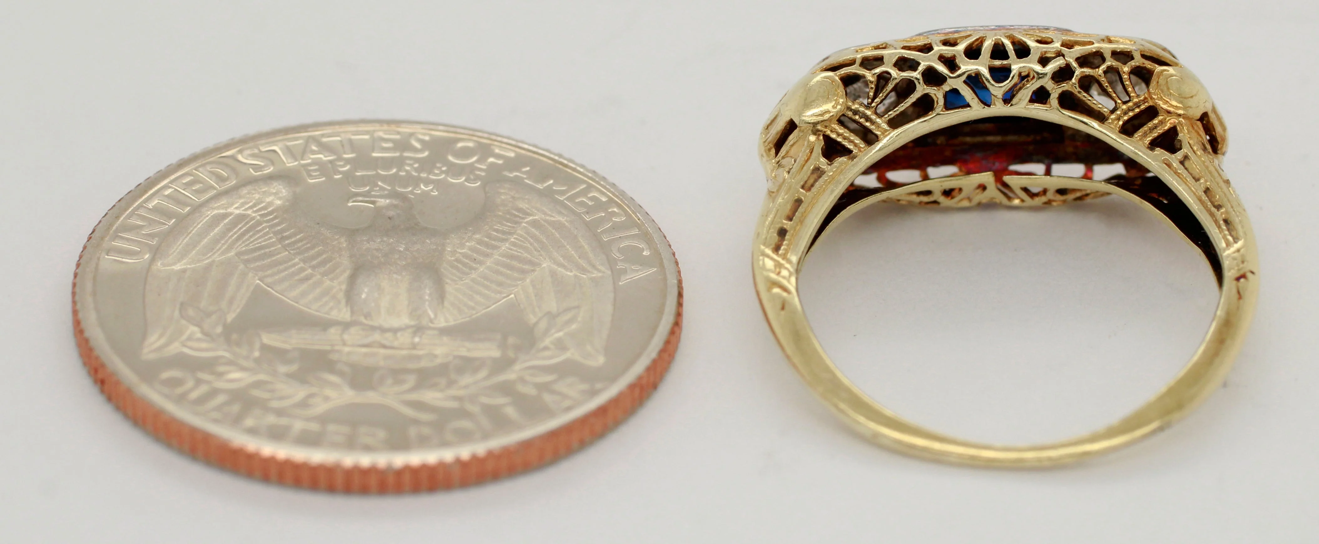 Antique Art Deco 0.30ctw Sapphire & Diamond Filigree Band Ring - 14k Yellow Gold - Image 5