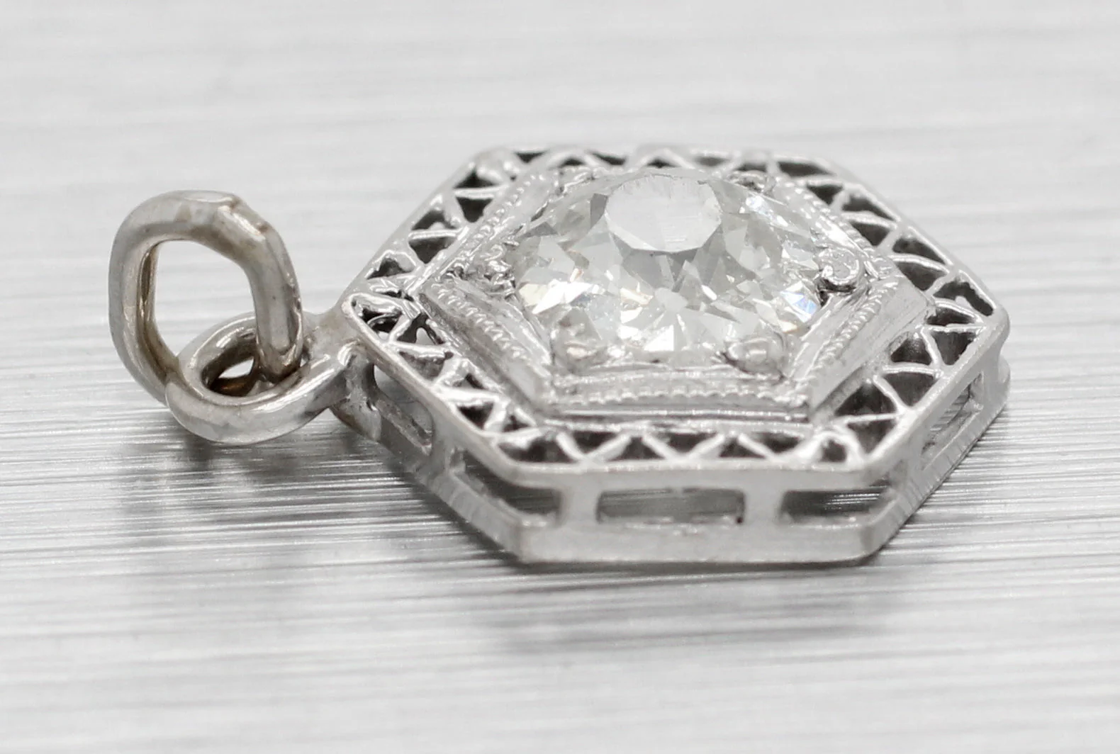 Antique Art Deco 0.50ct Diamond Hexagon Charm - 14k White Gold Filigree Setting - Image 2