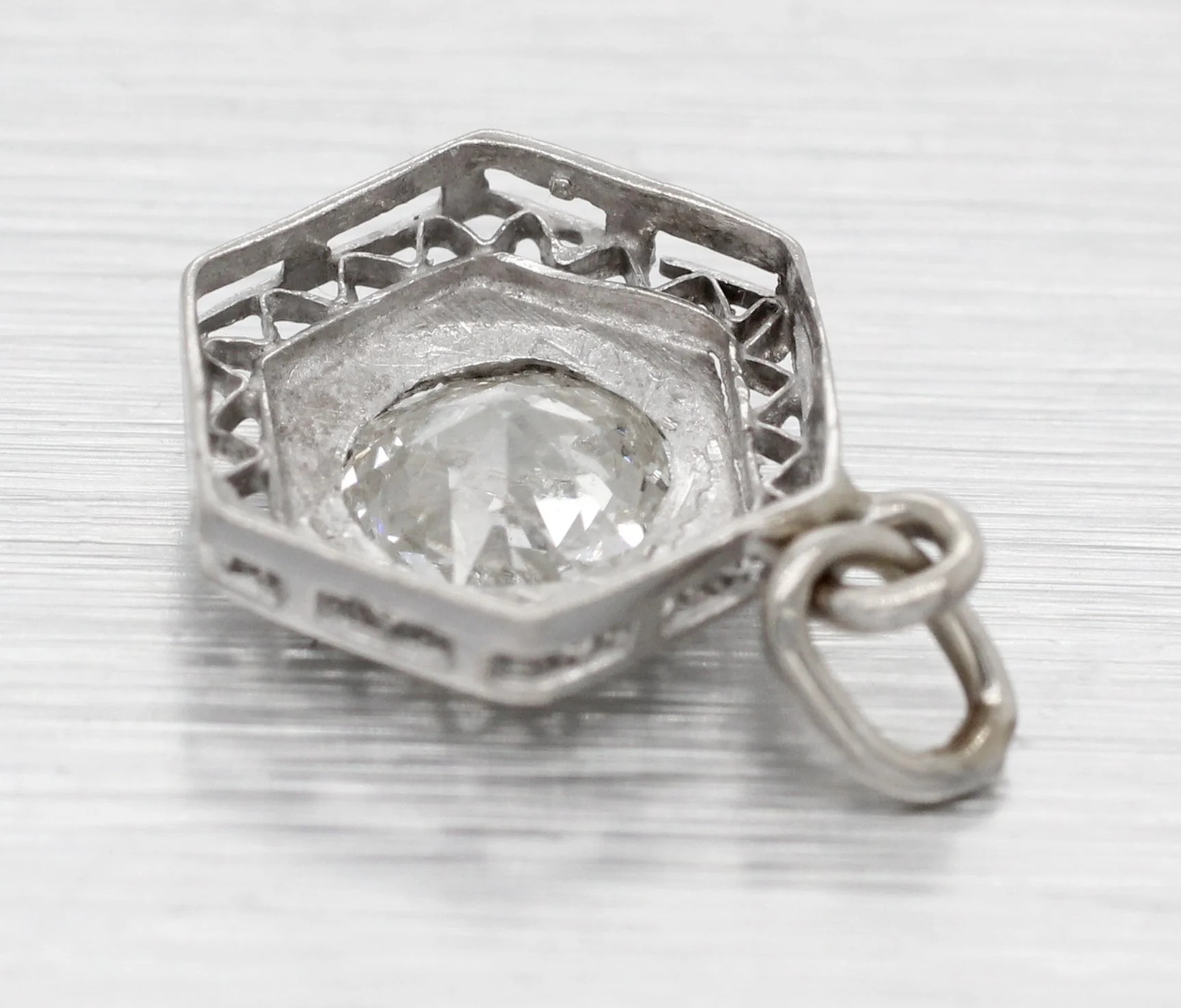 Antique Art Deco 0.50ct Diamond Hexagon Charm - 14k White Gold Filigree Setting - Image 3