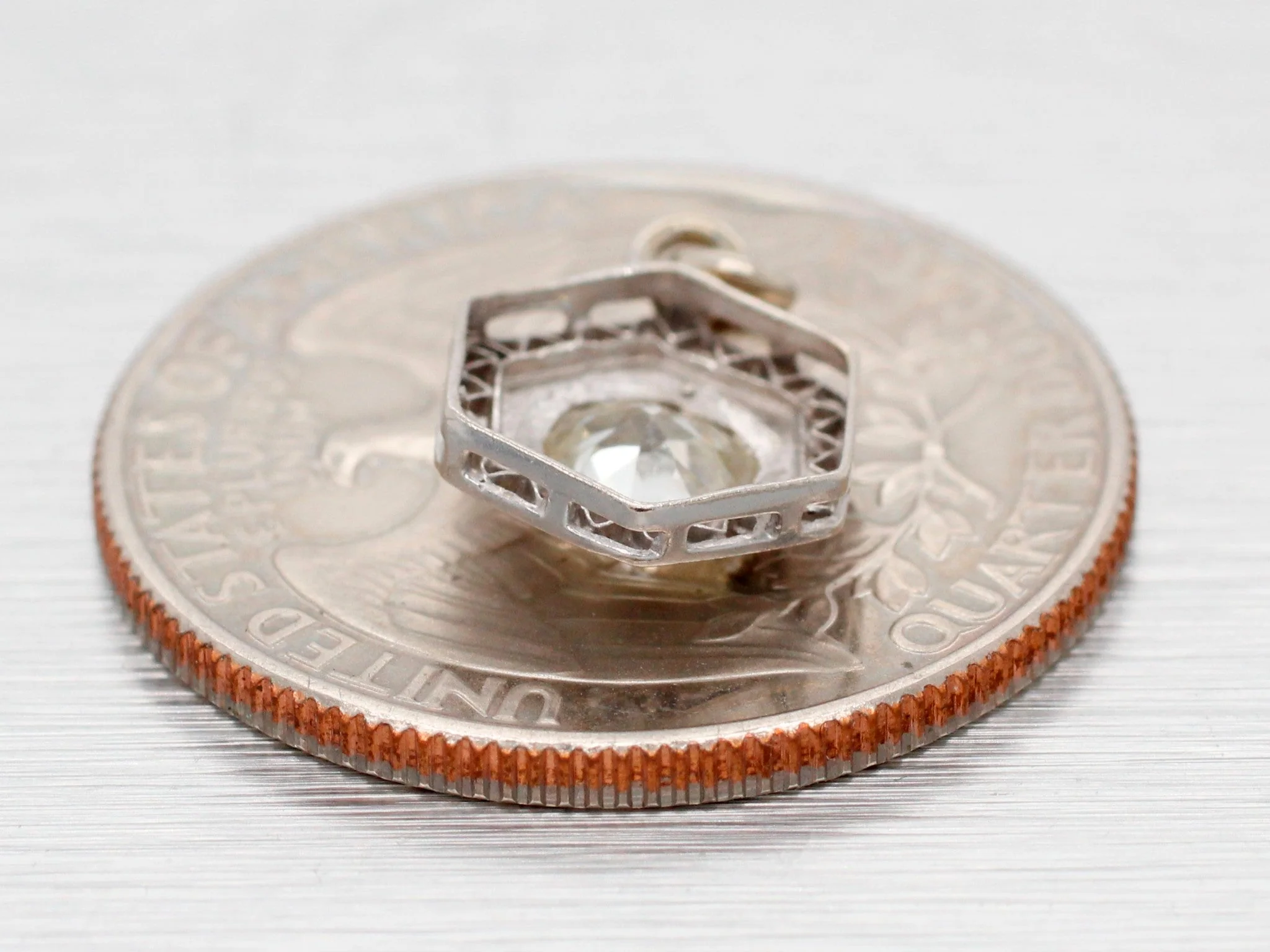 Antique Art Deco 0.50ct Diamond Hexagon Charm - 14k White Gold Filigree Setting - Image 4