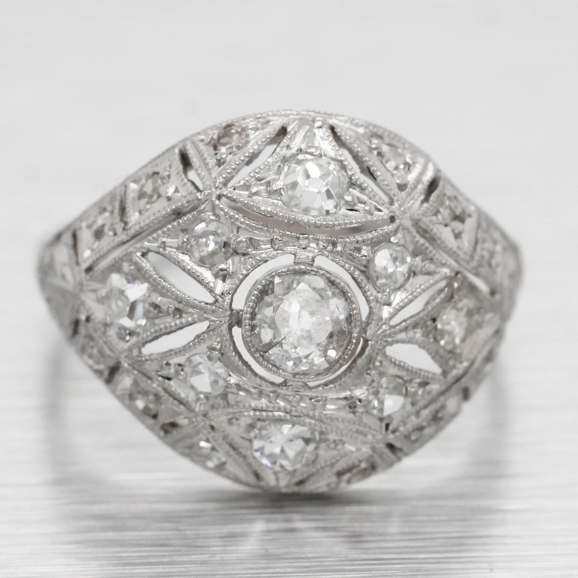 Antique Art Deco 0.70ctw Diamond Filigree Cocktail Ring - 14k White Gold
