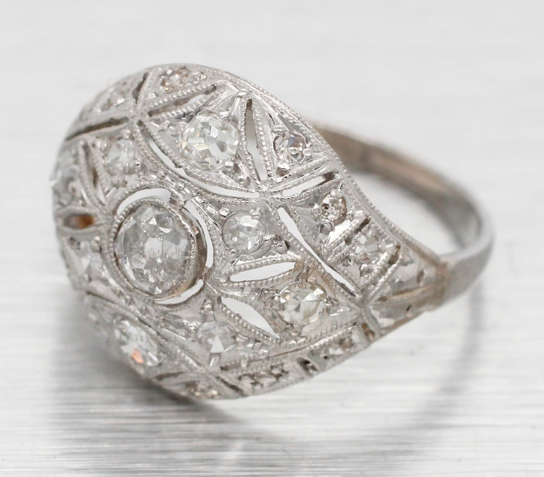 Antique Art Deco 0.70ctw Diamond Filigree Cocktail Ring - 14k White Gold - Image 2