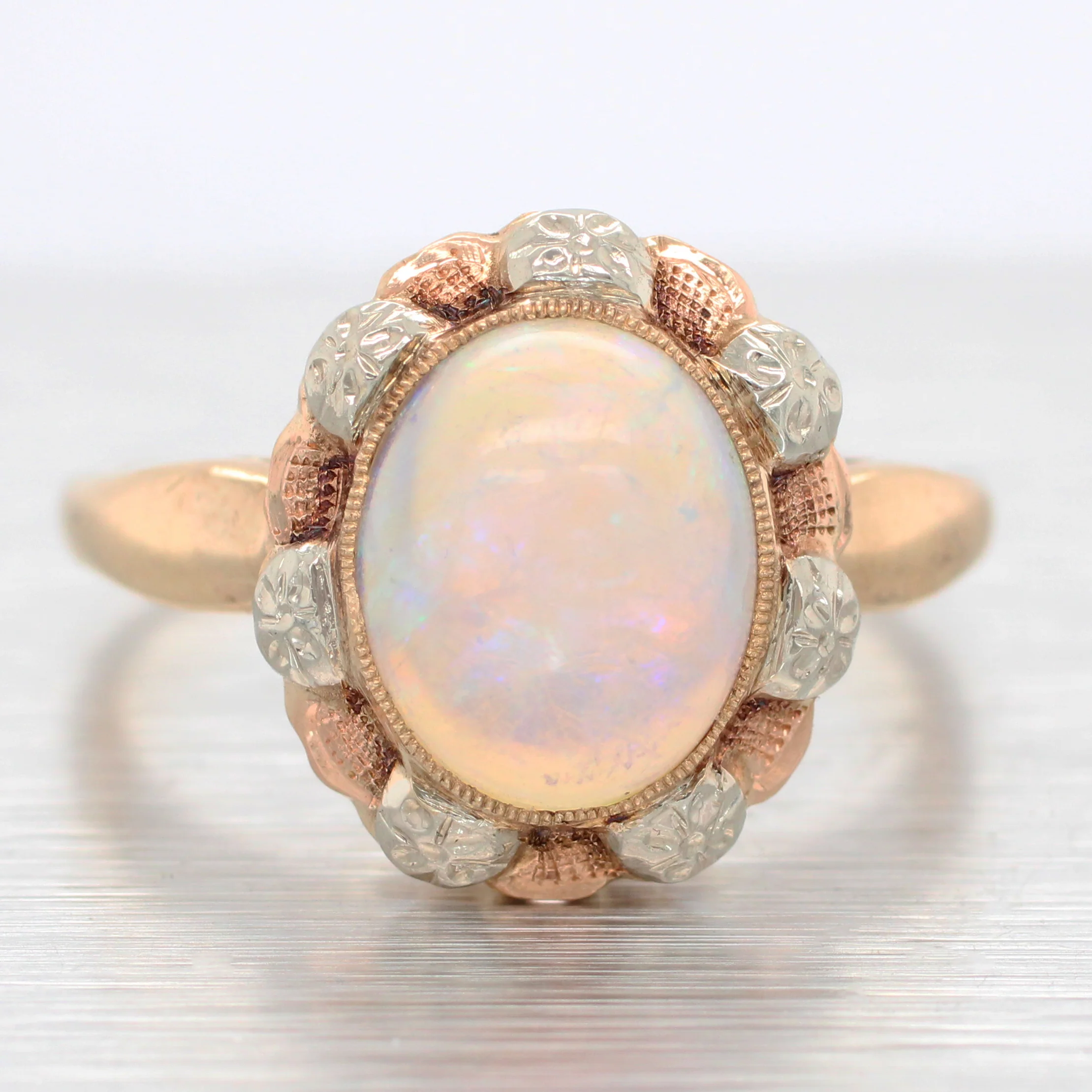 Antique Art Deco 3.20ct Crystal Opal Cocktail Ring | 14k Yellow Gold, Tri-Color Accents - Image 2